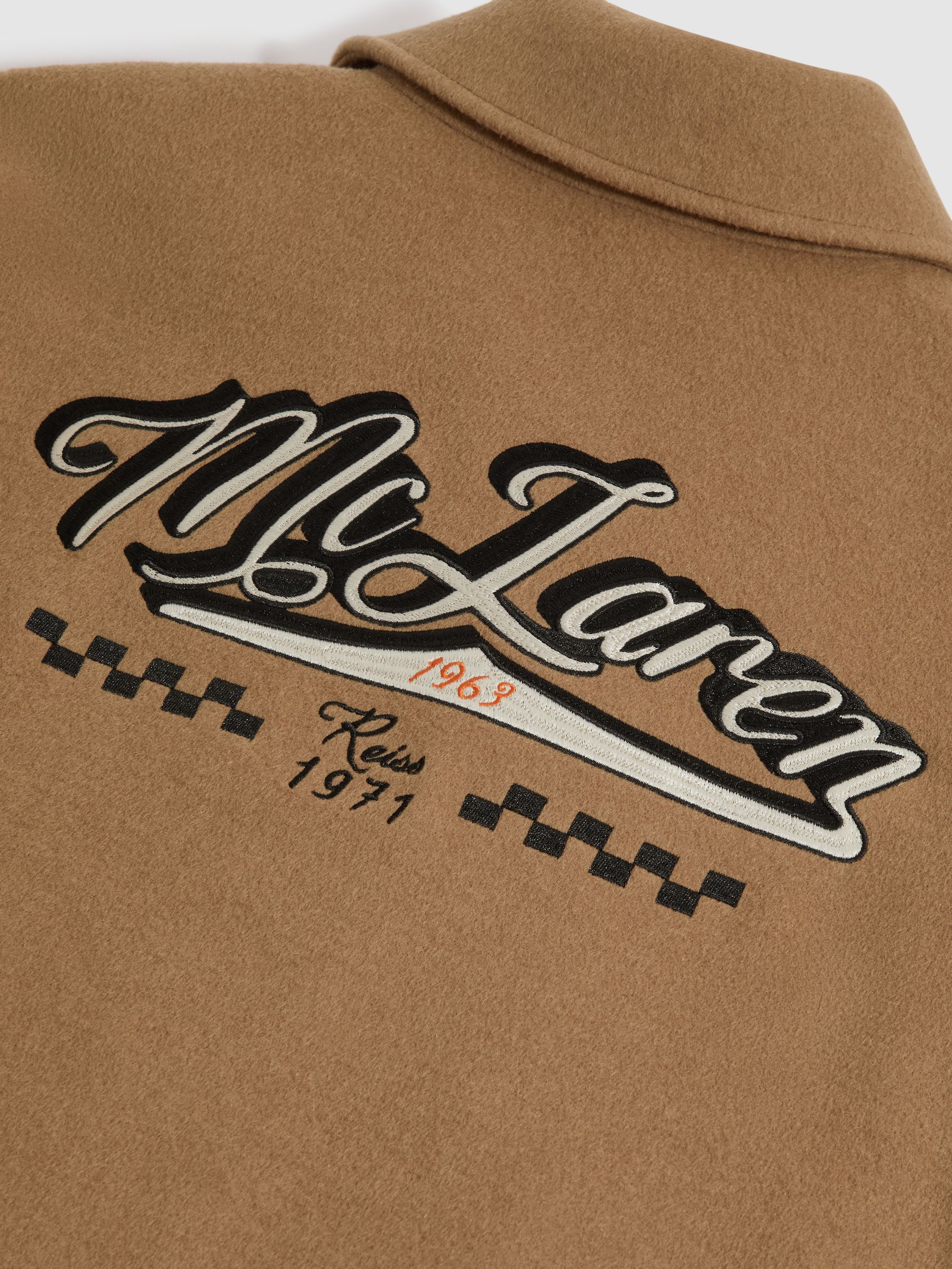 McLaren F1 Wool Blend Leather Patch Varsity Bomber Jacket in Camel - Image 11 of 12