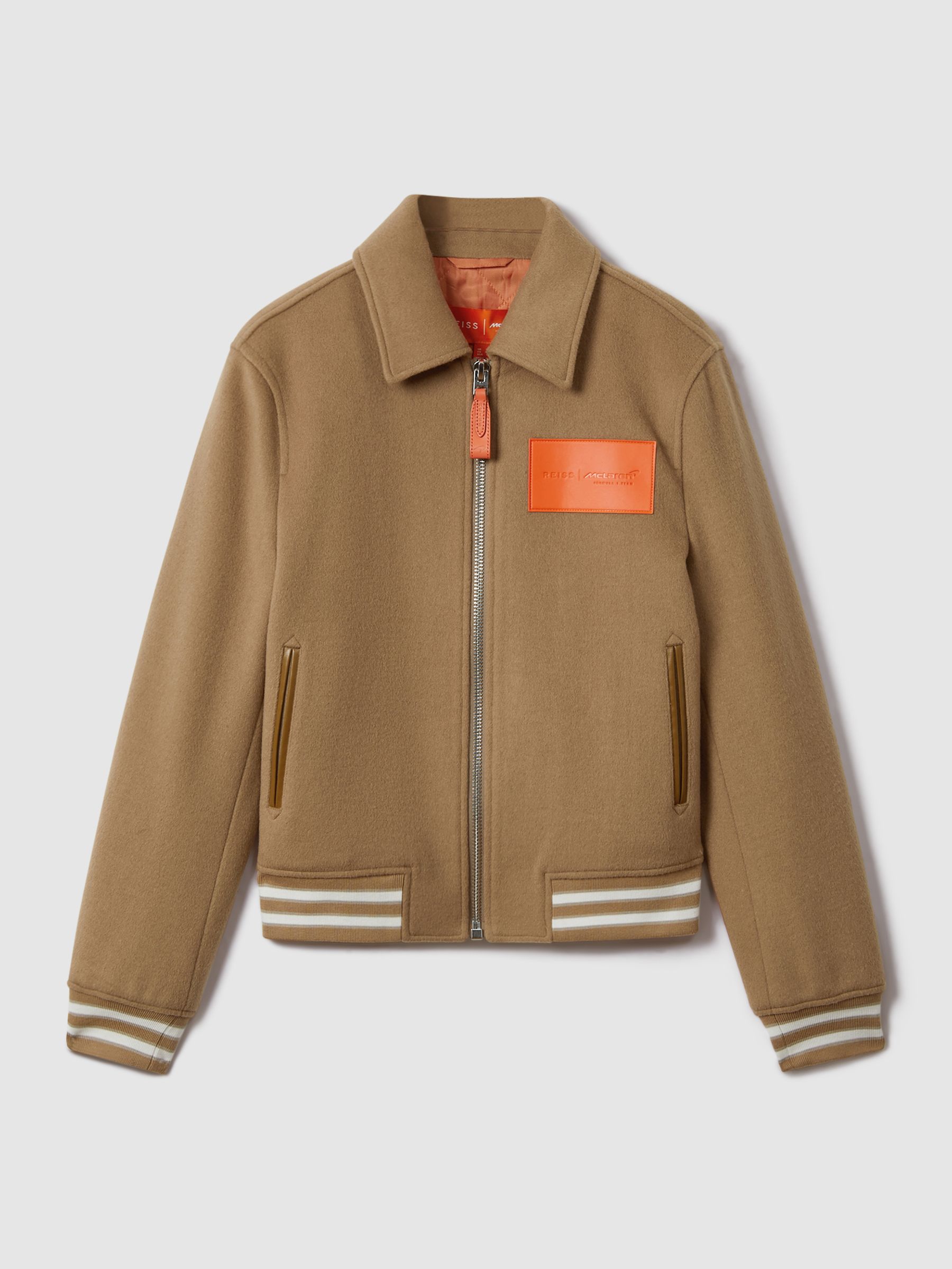 McLaren F1 Wool Blend Leather Patch Varsity Bomber Jacket in Camel - Image 2 of 12