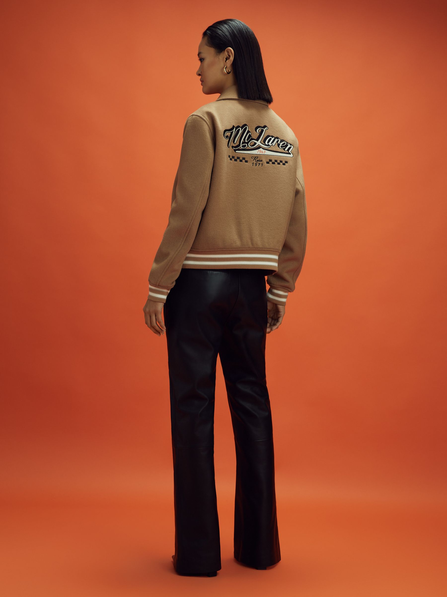 McLaren F1 Wool Blend Leather Patch Varsity Bomber Jacket in Camel - Image 3 of 12