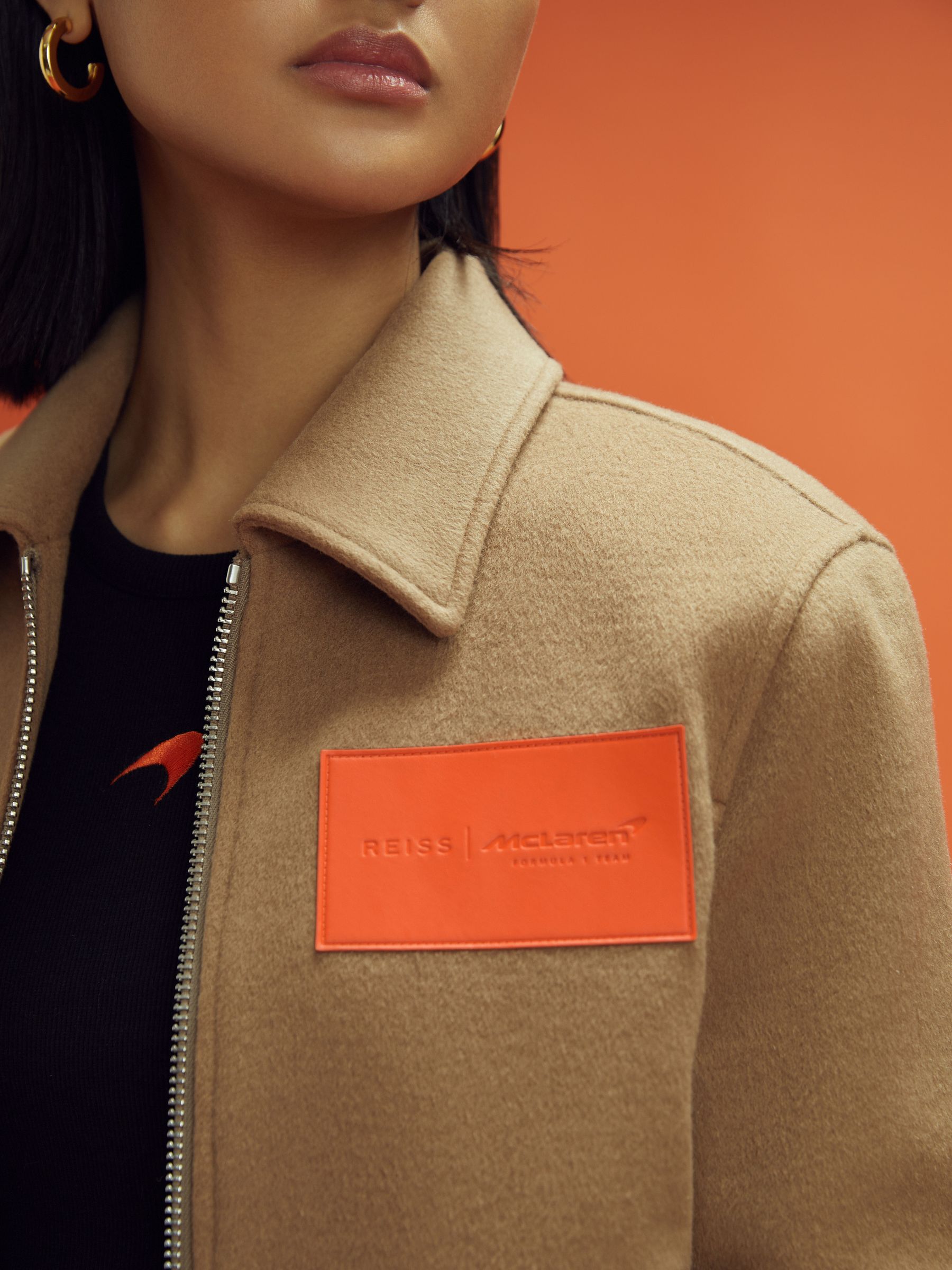 McLaren F1 Wool Blend Leather Patch Varsity Bomber Jacket in Camel - Image 4 of 12