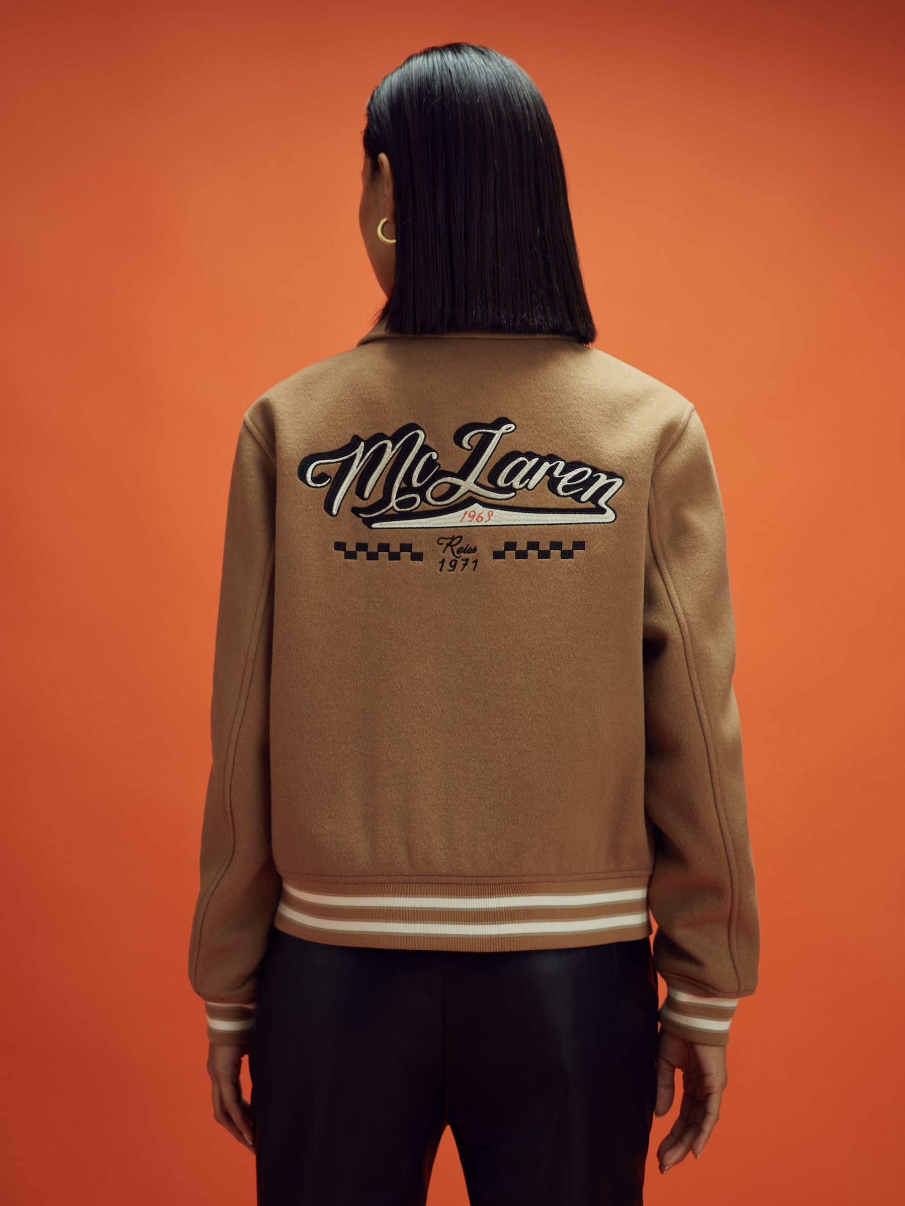 McLaren F1 Wool Blend Leather Patch Varsity Bomber Jacket in Camel - Image 5 of 12