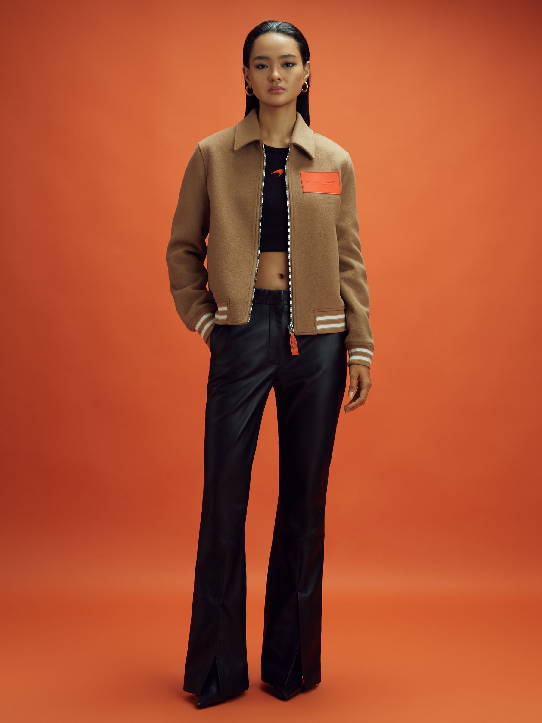 McLaren F1 Wool Blend Leather Patch Varsity Bomber Jacket in Camel - Image 6 of 12