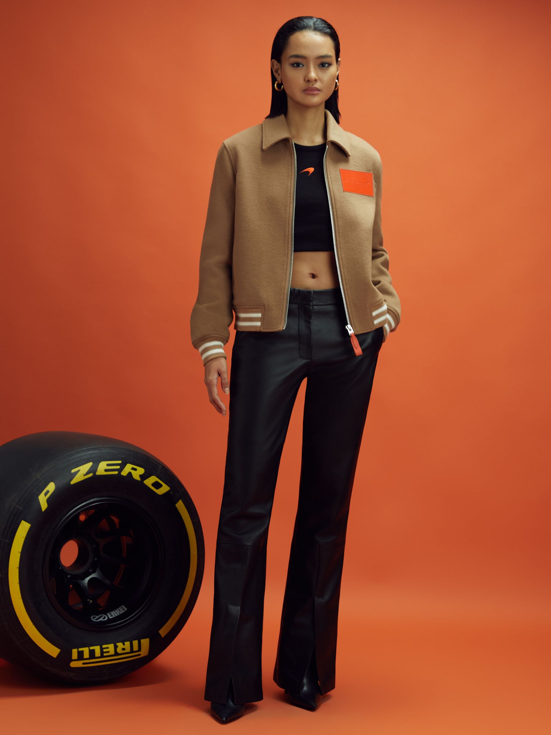 McLaren F1 Wool Blend Leather Patch Varsity Bomber Jacket in Camel - Image 7 of 12