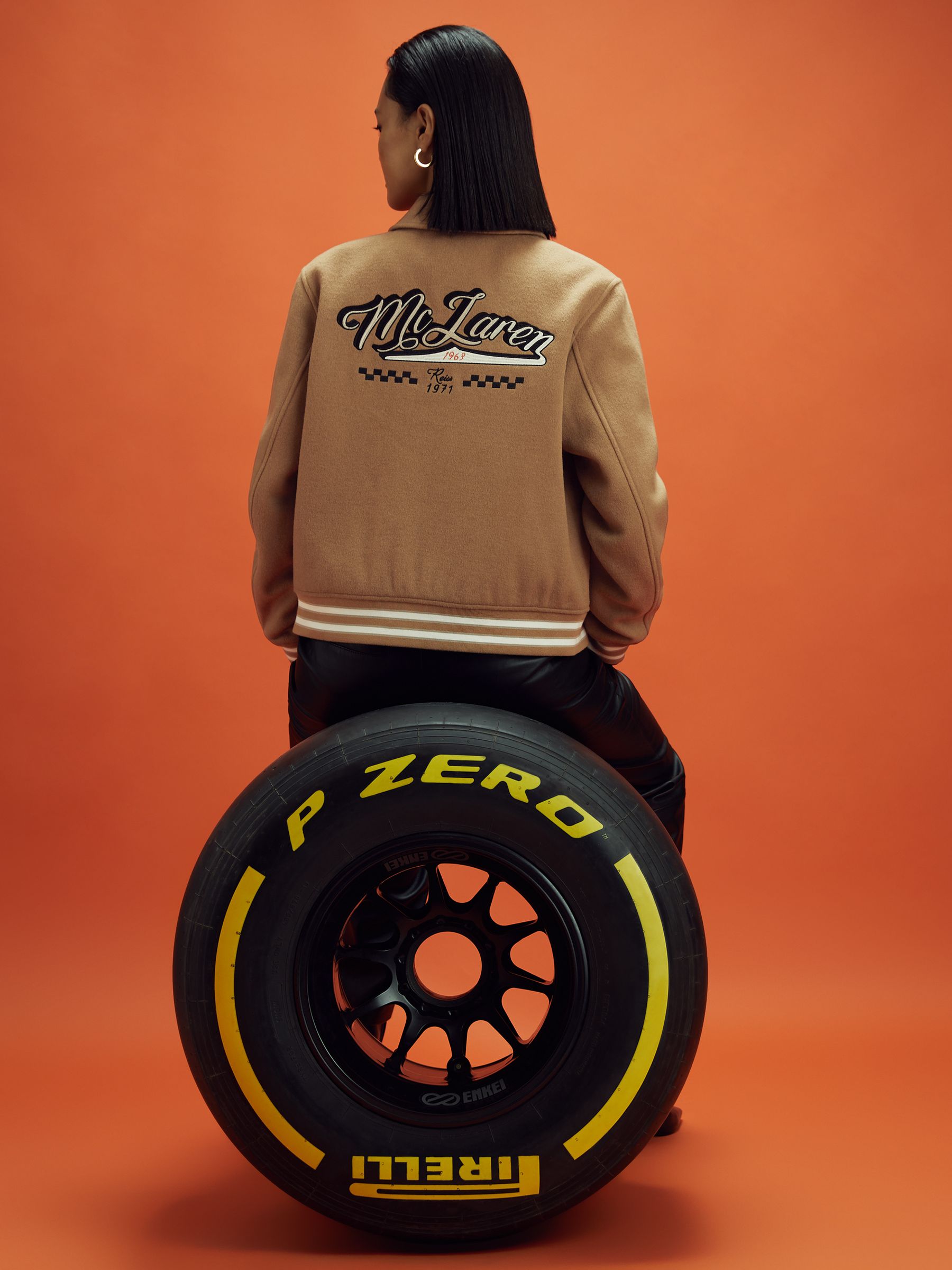 McLaren F1 Wool Blend Leather Patch Varsity Bomber Jacket in Camel - Image 8 of 12