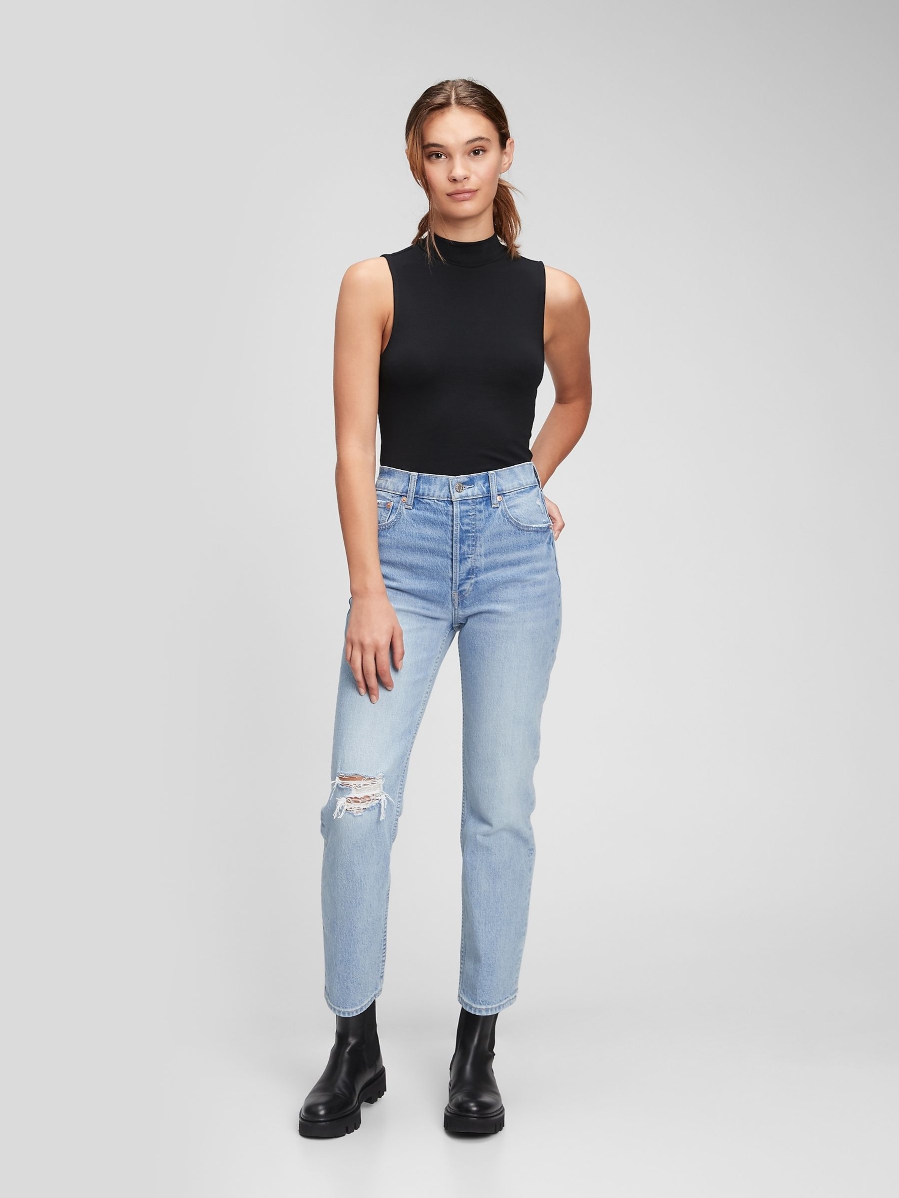 Light Wash Blue High Waisted Ripped Straight Jeans - Image 1 of 3