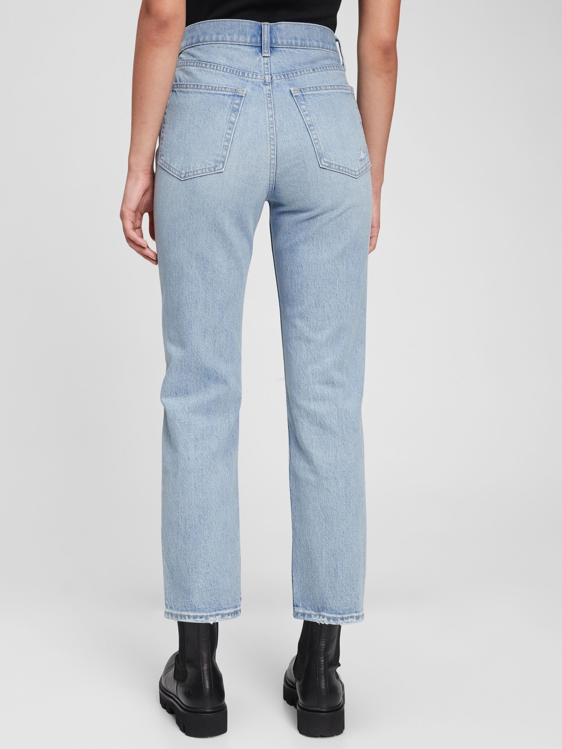 Light Wash Blue High Waisted Ripped Straight Jeans - Image 2 of 3