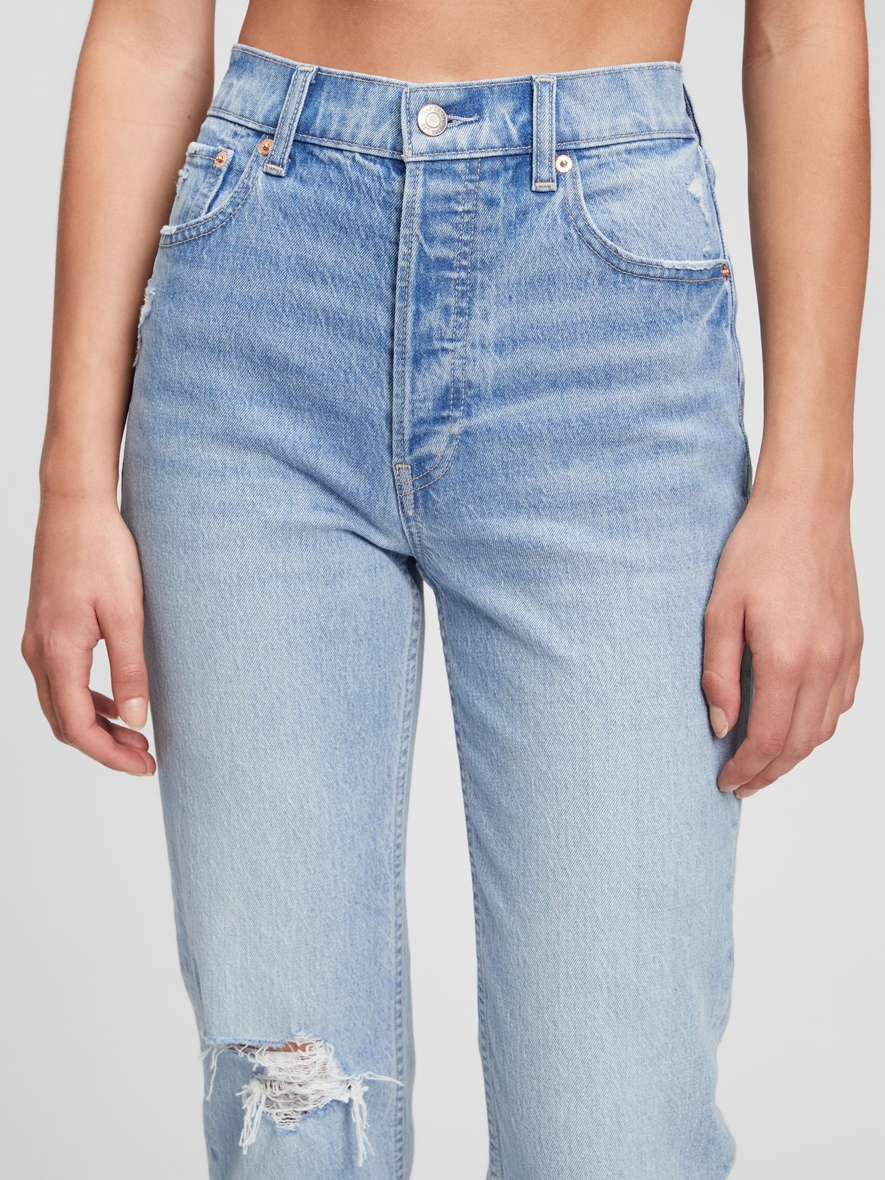 Light Wash Blue High Waisted Ripped Straight Jeans - Image 3 of 3