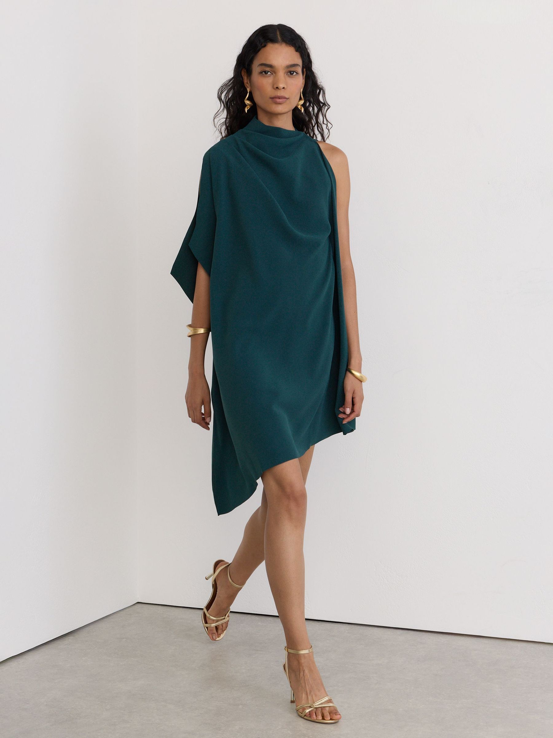 One-Shoulder Draped Mini Dress in Teal Green - Image 3 of 6