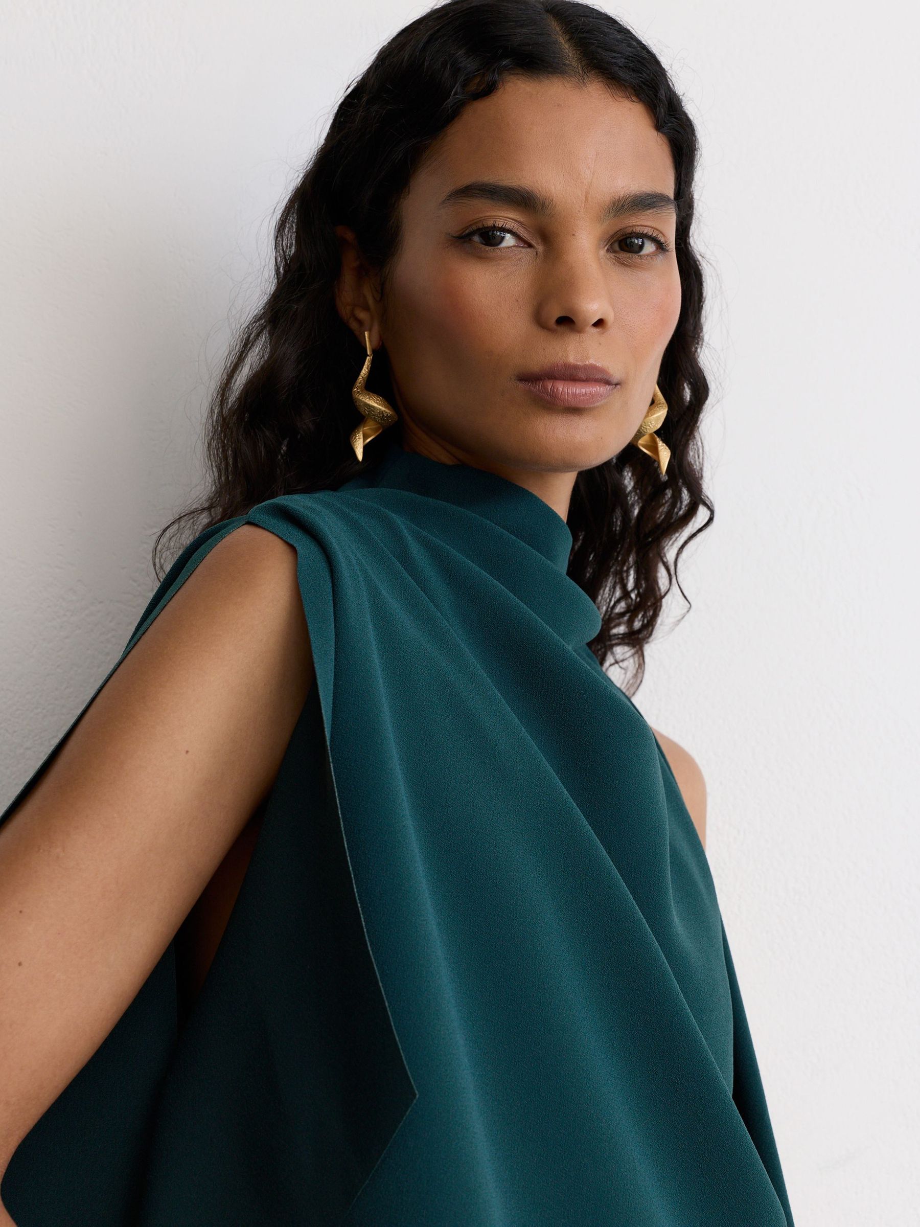 One-Shoulder Draped Mini Dress in Teal Green - Image 4 of 6