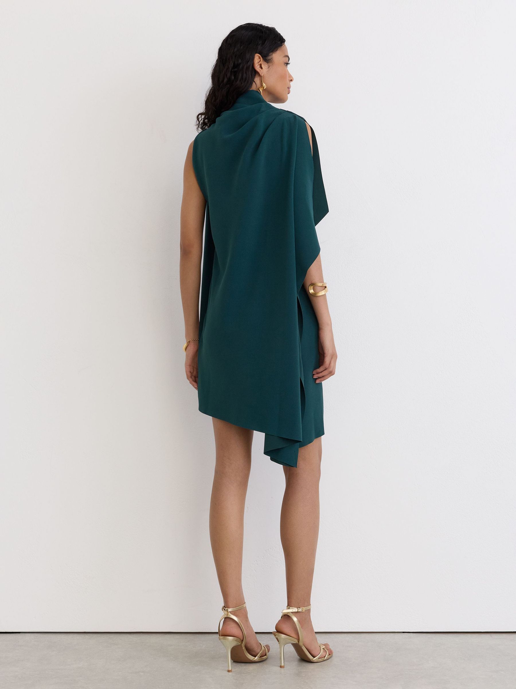One-Shoulder Draped Mini Dress in Teal Green - Image 5 of 6