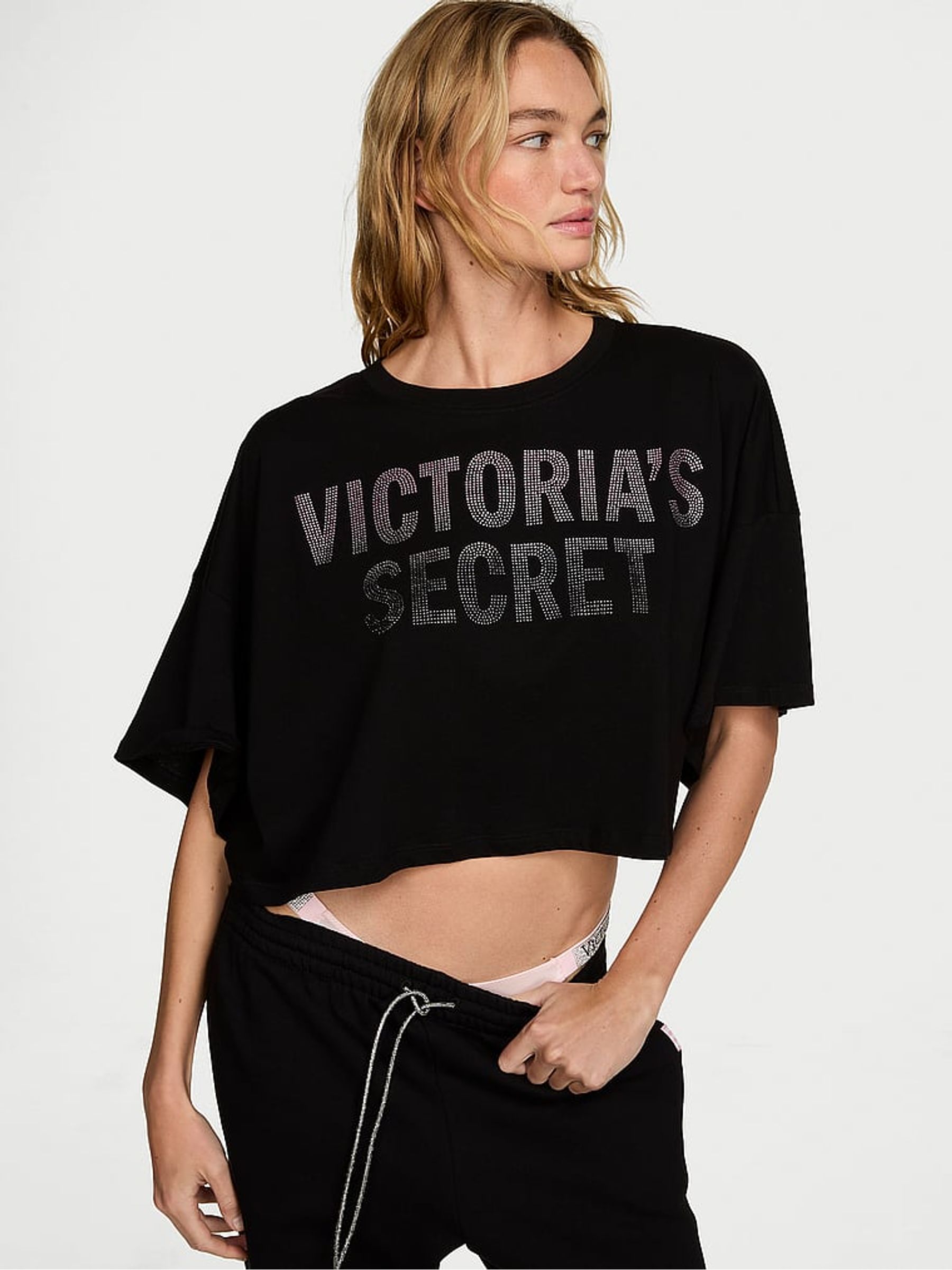 Black Logo Cotton Oversized Cropped Top - Image 2 of 3