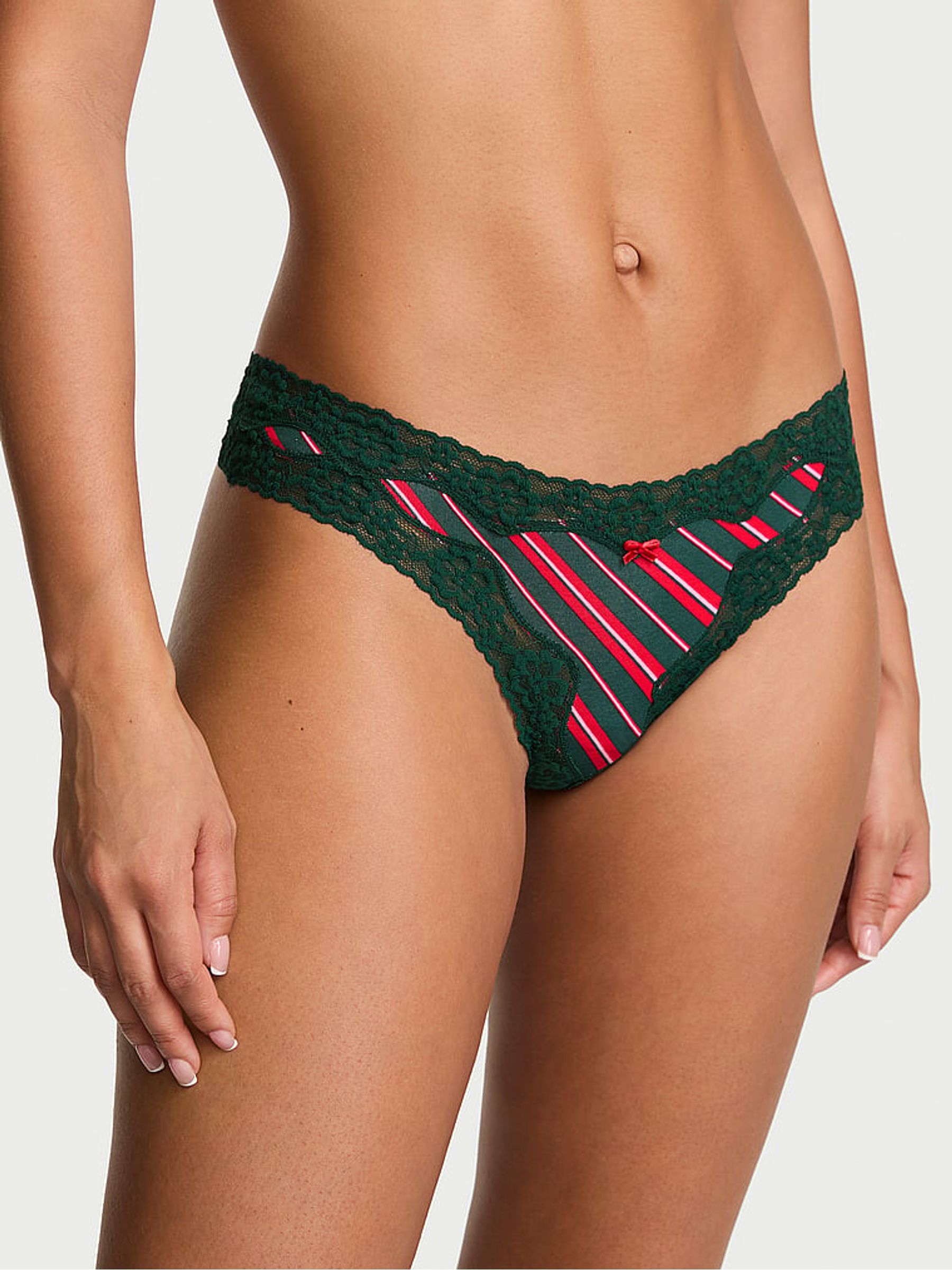 Red & Green Candy Cane Stripe Thong Cotton Lace Trim Knickers - Image 1 of 2 Red & Green Candy Cane Stripe Thong Cotton Lace Trim Knickers - Image 1 of 2