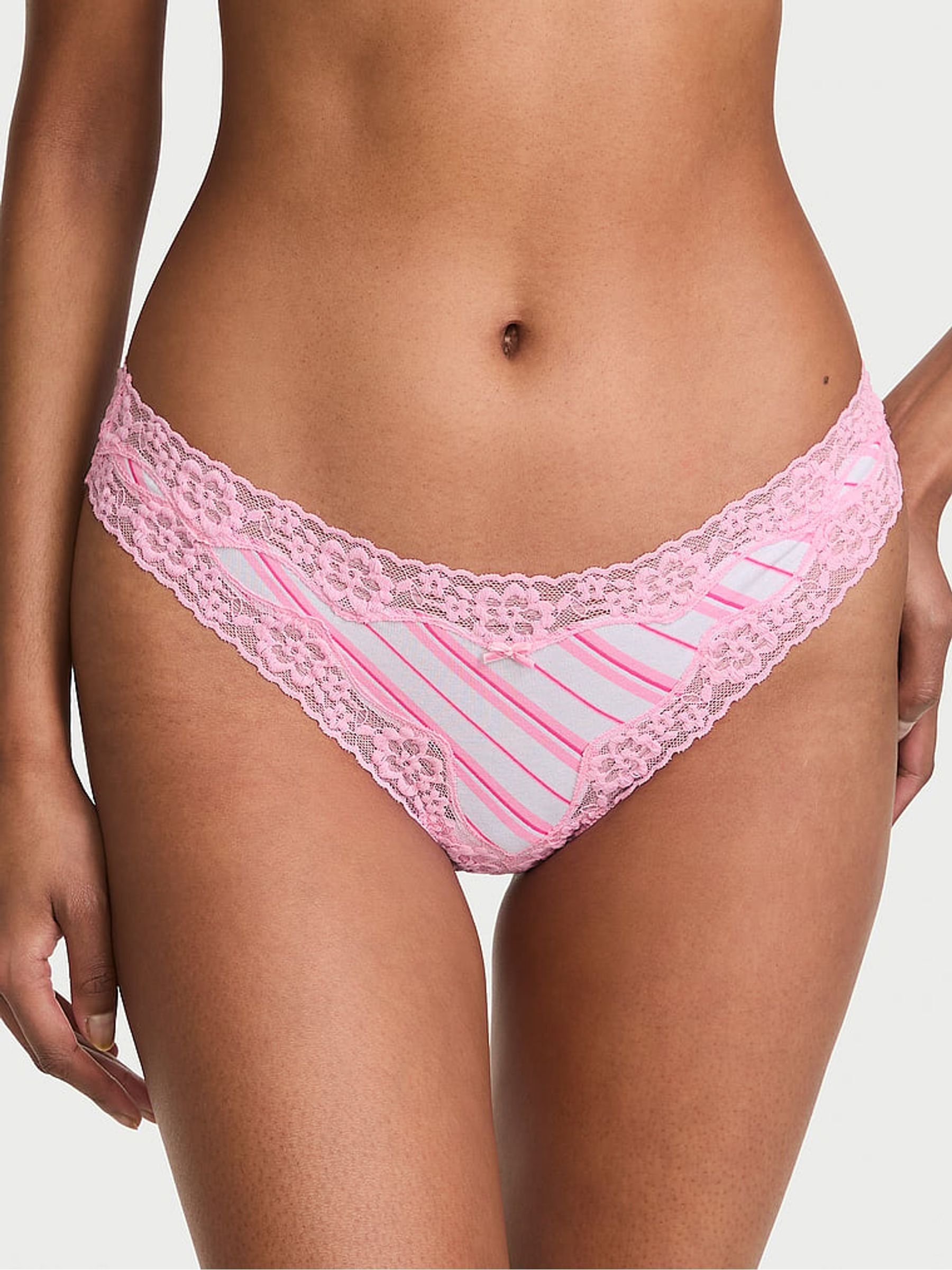 Pink Candy Cane Stripes Thong Cotton Lace Trim Knickers - Image 1 of 2