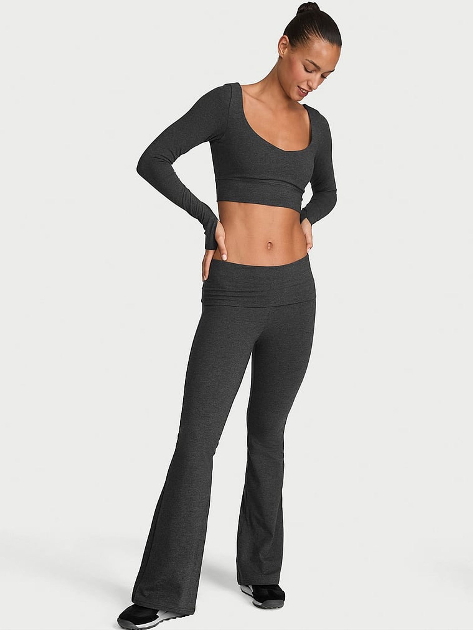 Charcoal Heather Grey Cotton Foldover Flare Leggings - Image 1 of 2