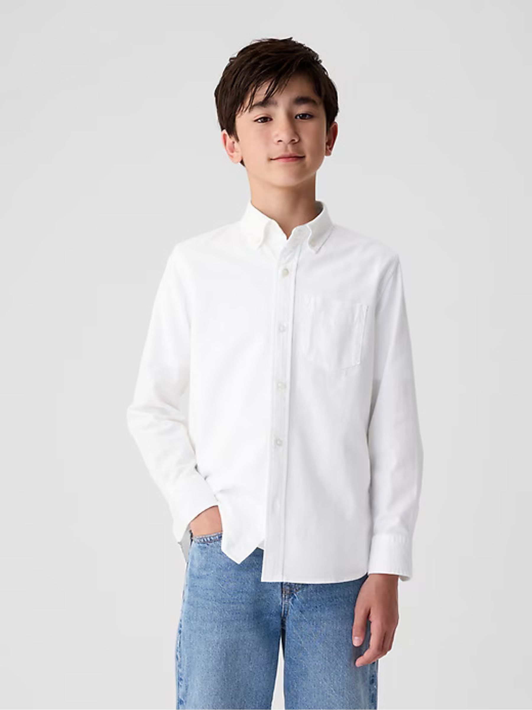White Cotton Long Sleeve Pocket Oxford Shirt (4-13yrs) - Image 1 of 6