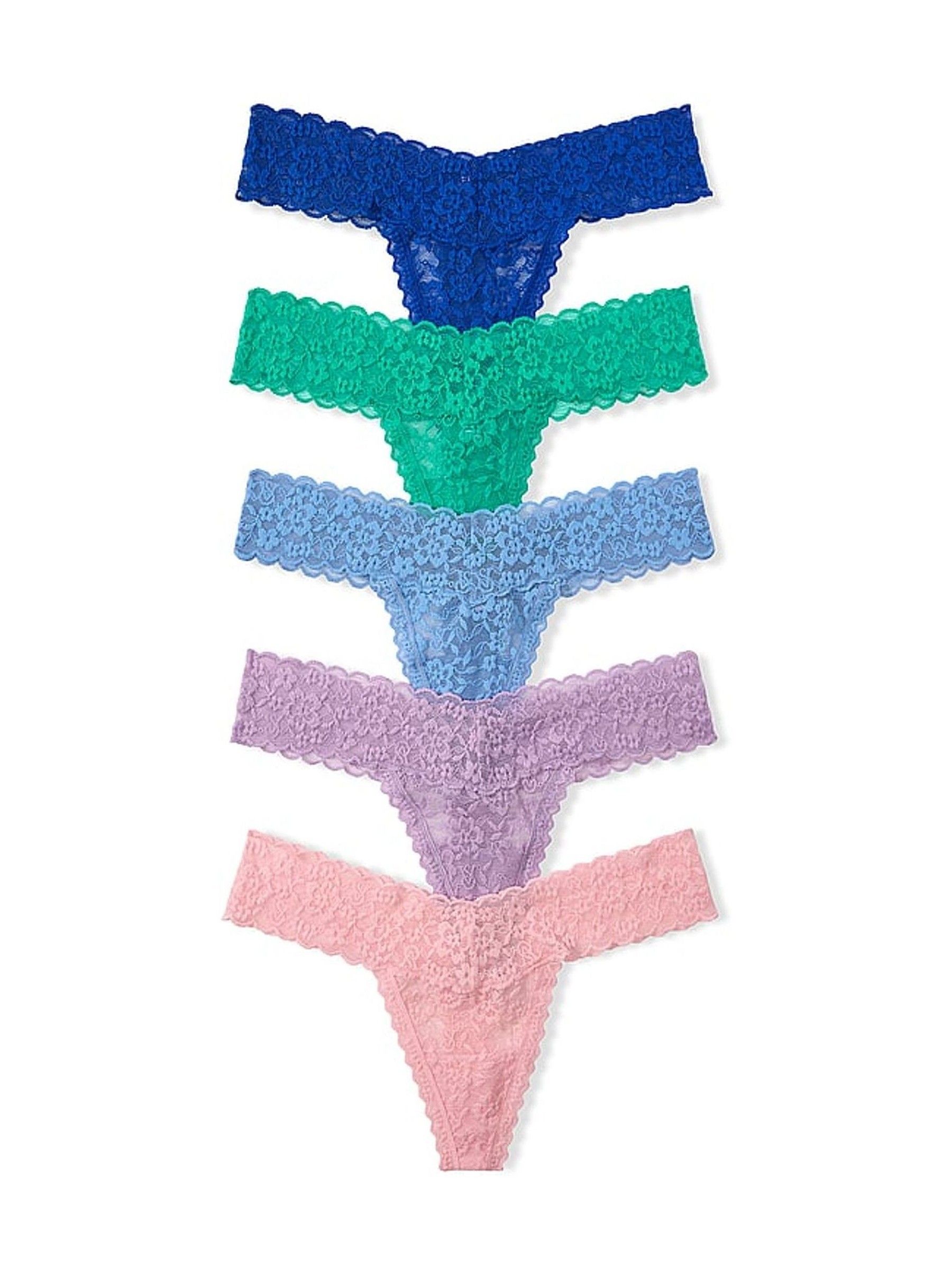 Blue/Green/Purple/Pink Thong 5 Pack Lace Knickers - Image 1 of 3