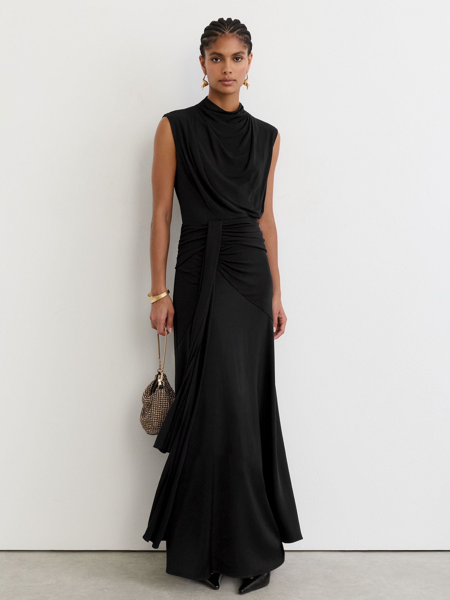 Draped High-Neck Sleeveless Maxi Dress in Black - Image 1 of 7 Draped High-Neck Sleeveless Maxi Dress in Black - Image 1 of 7