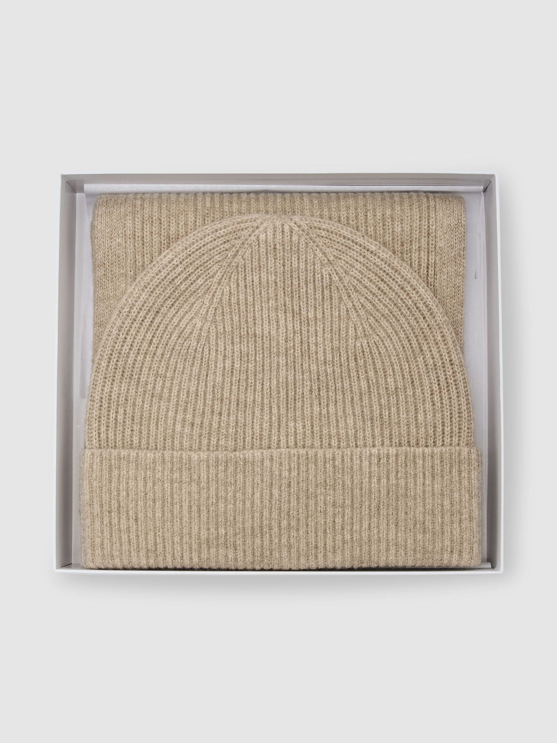 Merino Wool Rib-Knit Scarf and Beanie Set in Oatmeal - Image 4 of 5