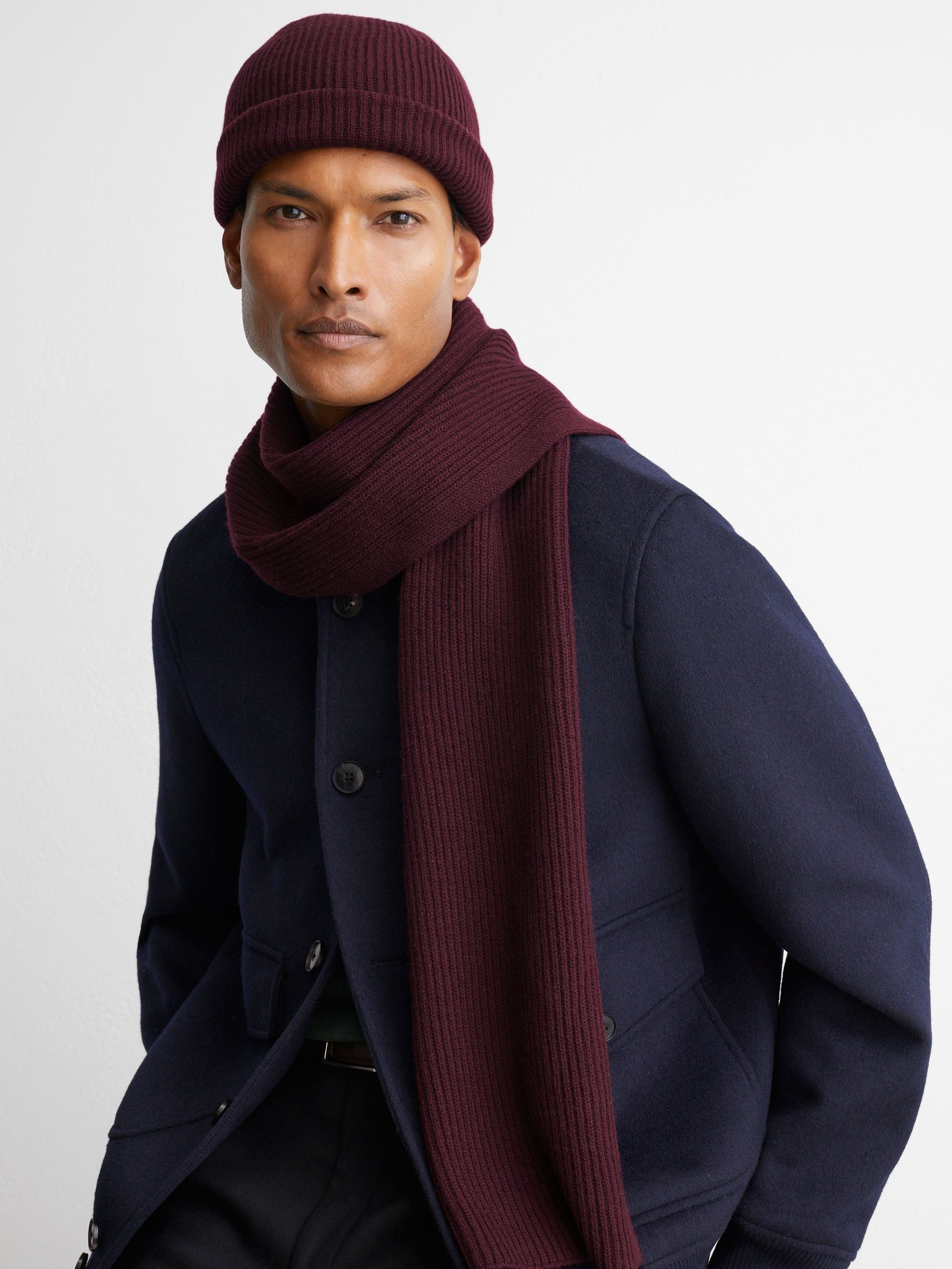 Merino Wool Rib-Knit Scarf and Beanie Set in Bordeaux - Image 1 of 6