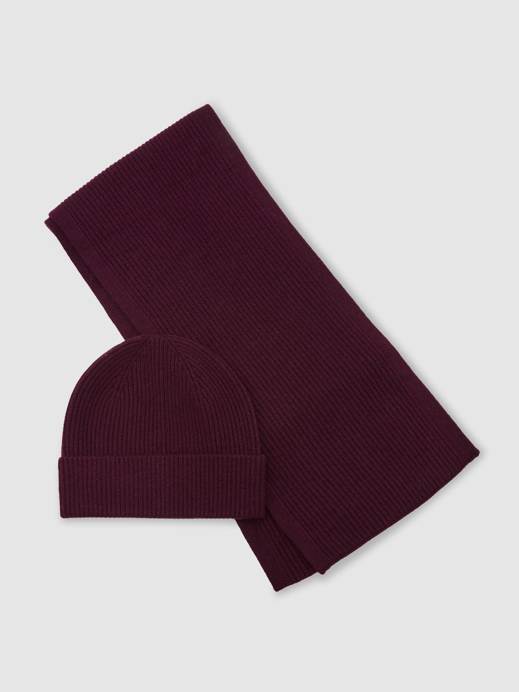 Merino Wool Rib-Knit Scarf and Beanie Set in Bordeaux - Image 2 of 6 Merino Wool Rib-Knit Scarf and Beanie Set in Bordeaux - Image 2 of 6