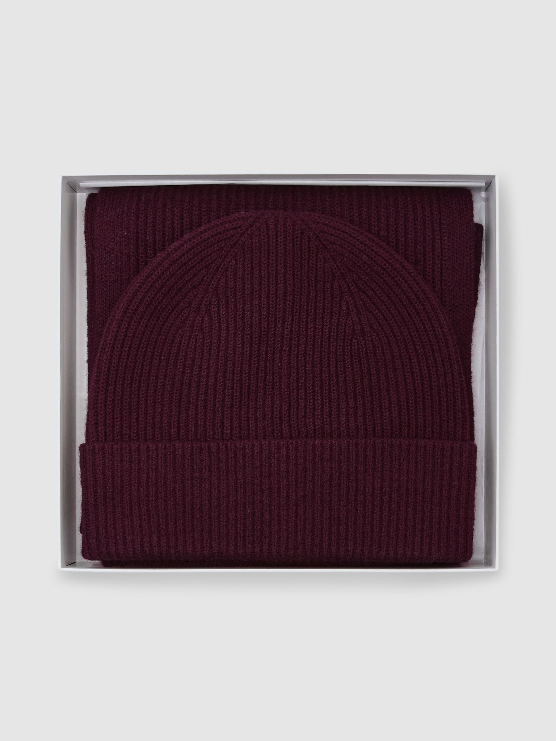 Merino Wool Rib-Knit Scarf and Beanie Set in Bordeaux - Image 5 of 6