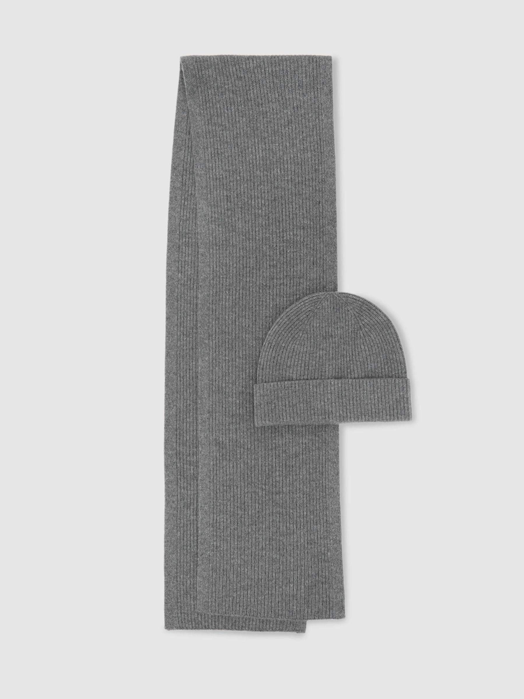 Merino Wool Rib-Knit Scarf and Beanie Set in Mid Grey - Image 1 of 3