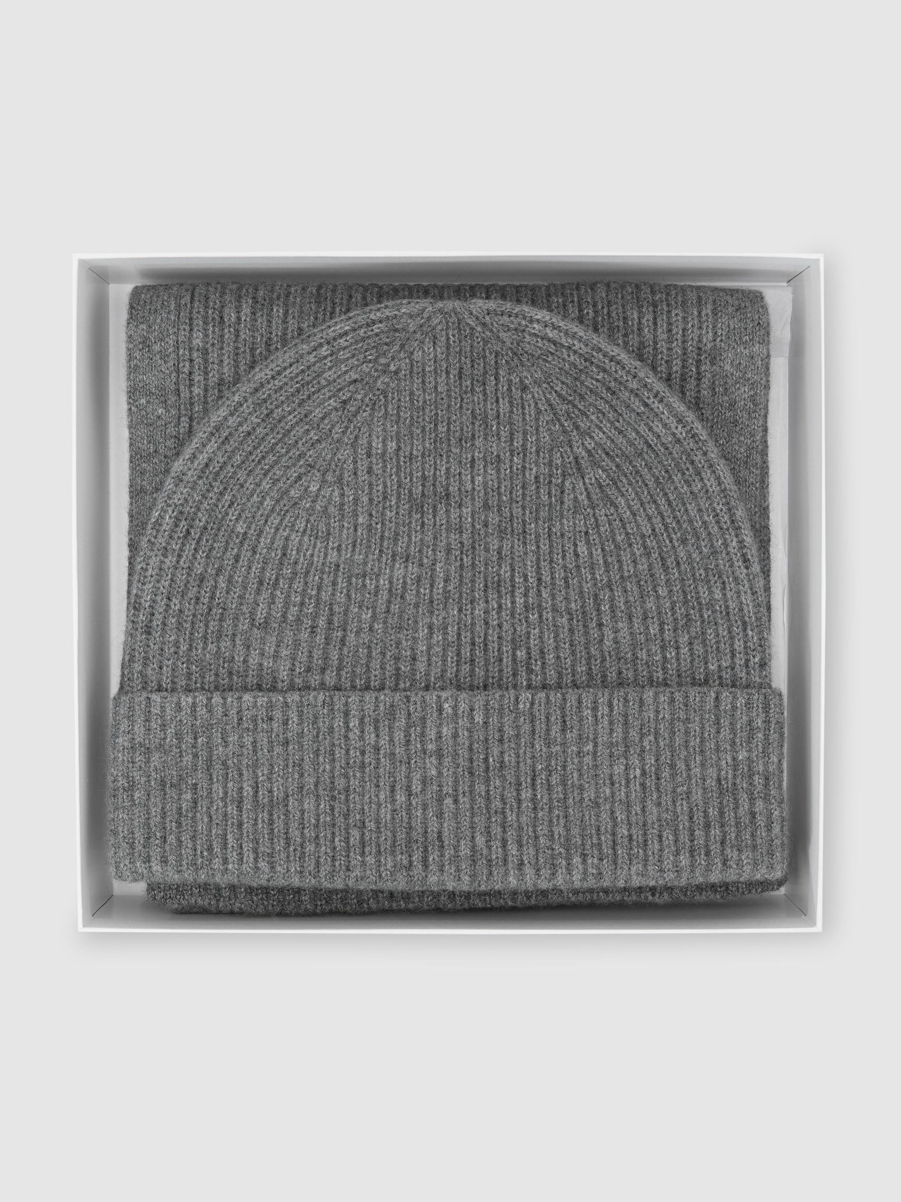 Merino Wool Rib-Knit Scarf and Beanie Set in Mid Grey - Image 2 of 3