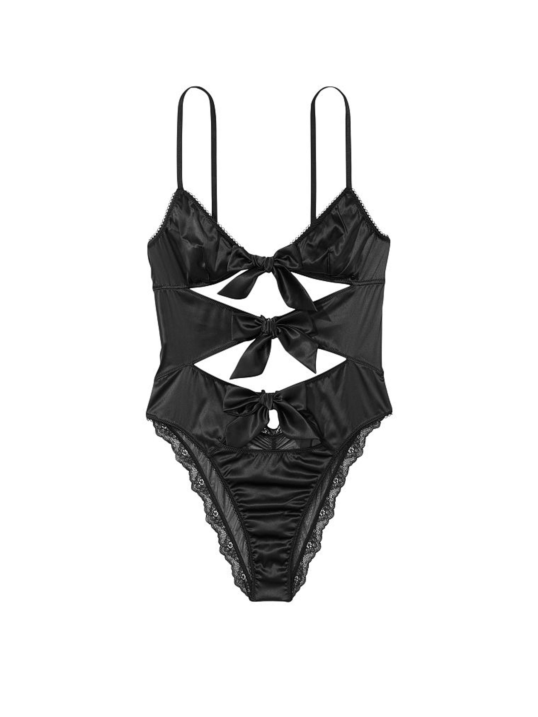 Black Satin Bow Cut Out Bodysuit - Image 1 of 1