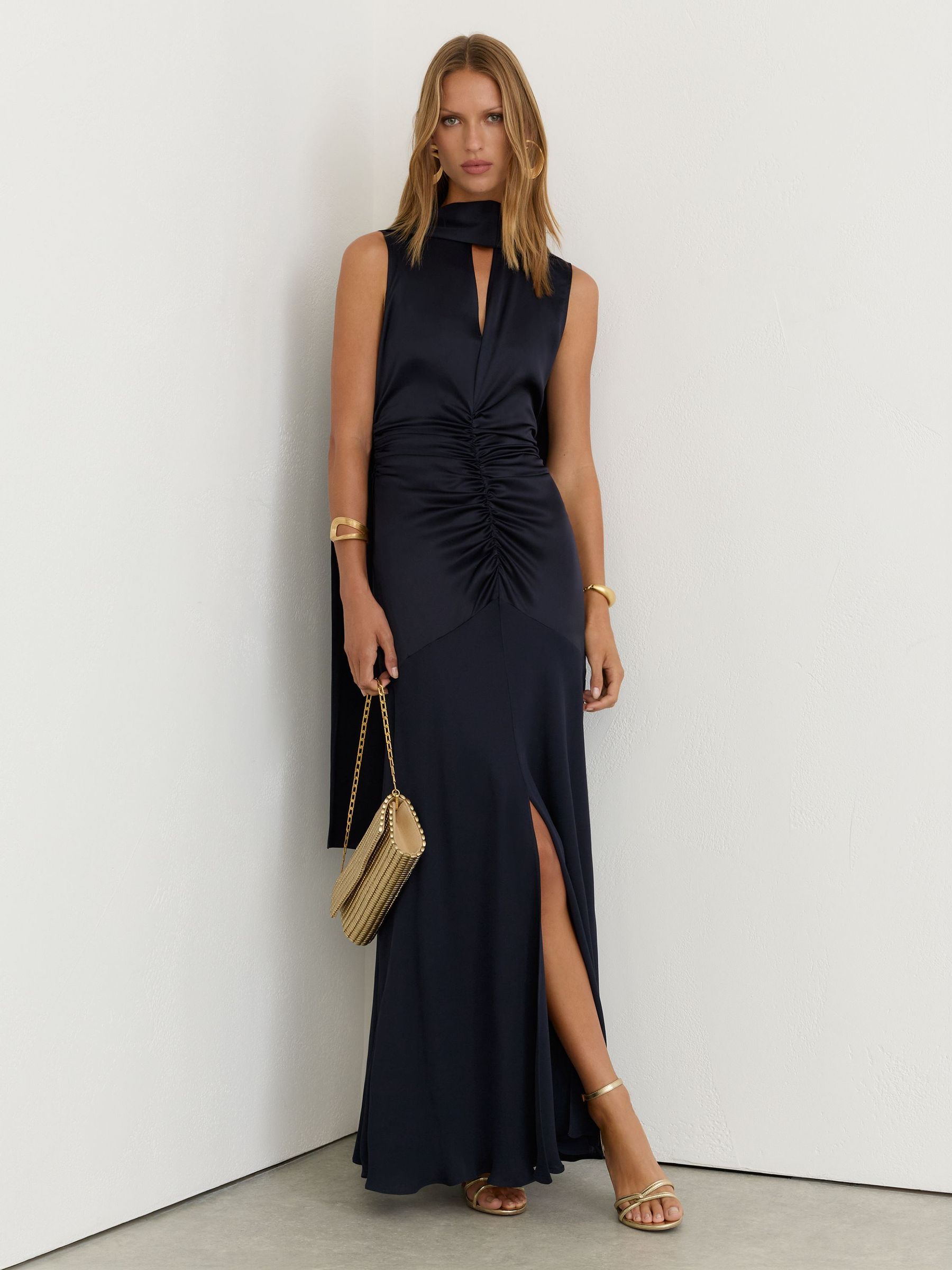 Cape-Detail Satin-Mix Ruched Maxi Dress in Navy by Reiss