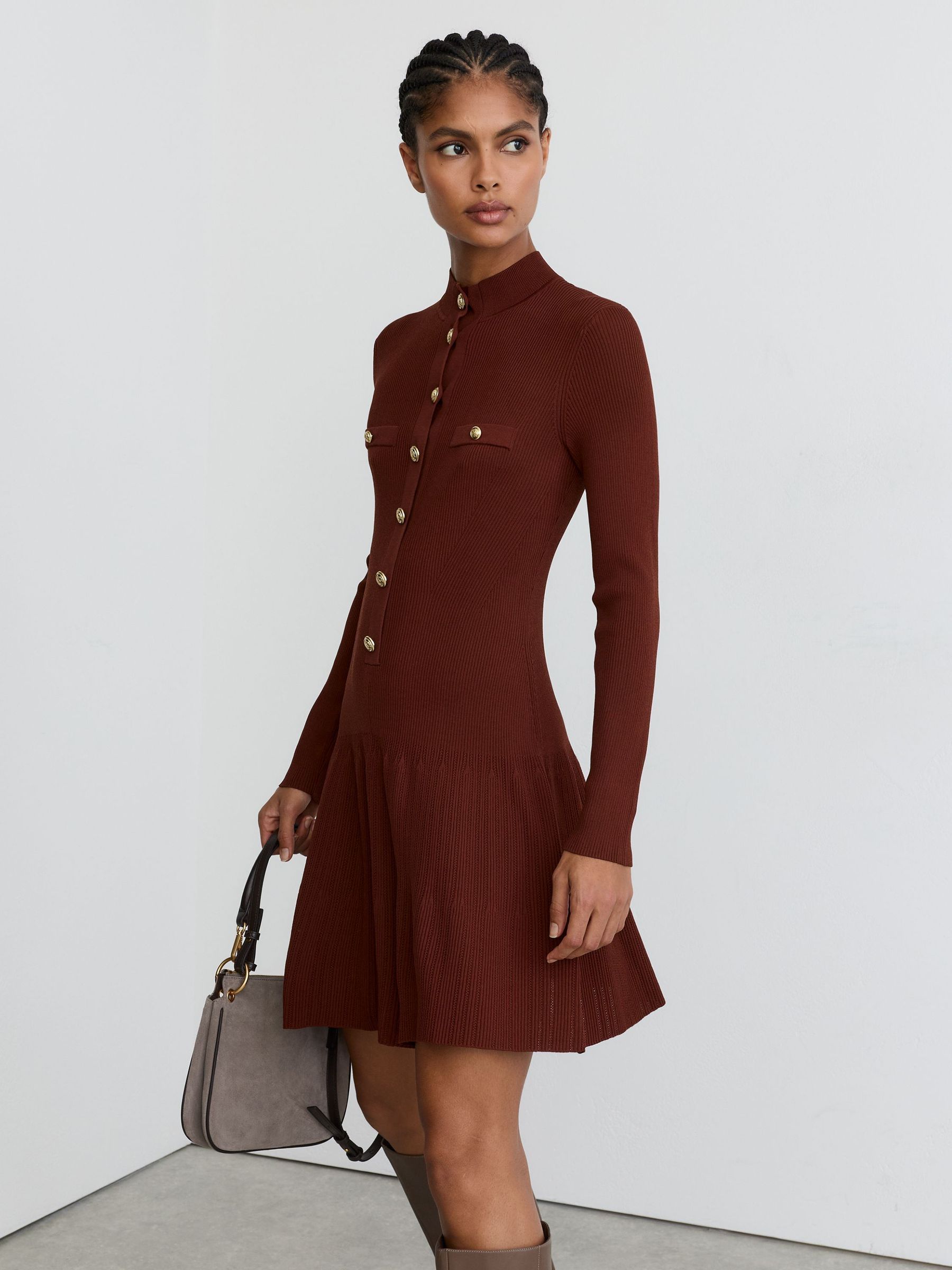 Rib-Knit Half-Button Mini Dress in Rust by Reiss
