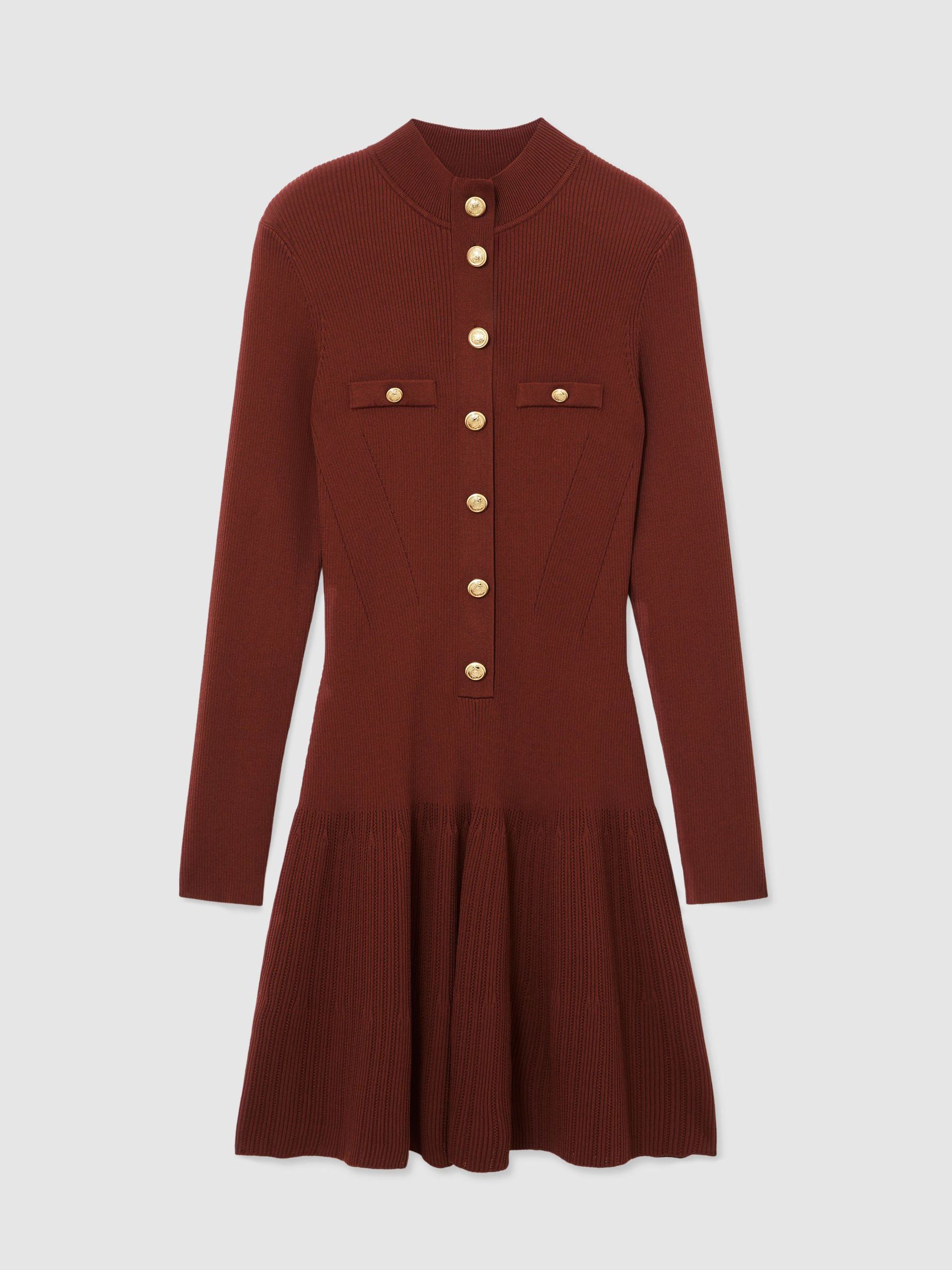 Rib-Knit Half-Button Mini Dress in Rust - Billede 2 af 9 Rib-Knit Half-Button Mini Dress in Rust - Billede 2 af 9