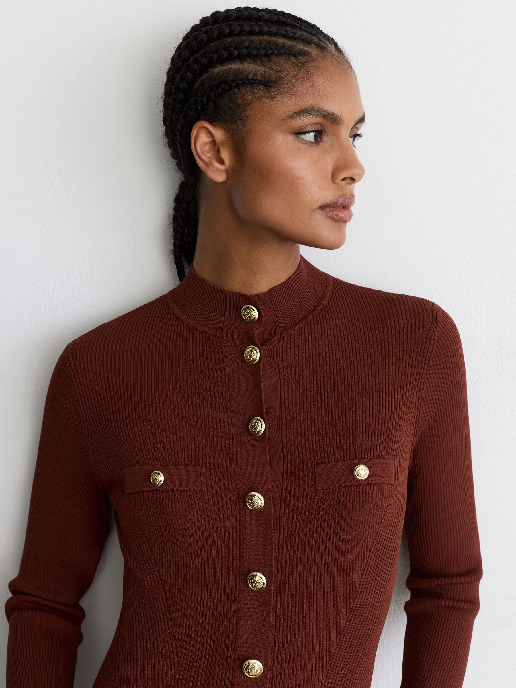 Rib-Knit Half-Button Mini Dress in Rust - Billede 5 af 9