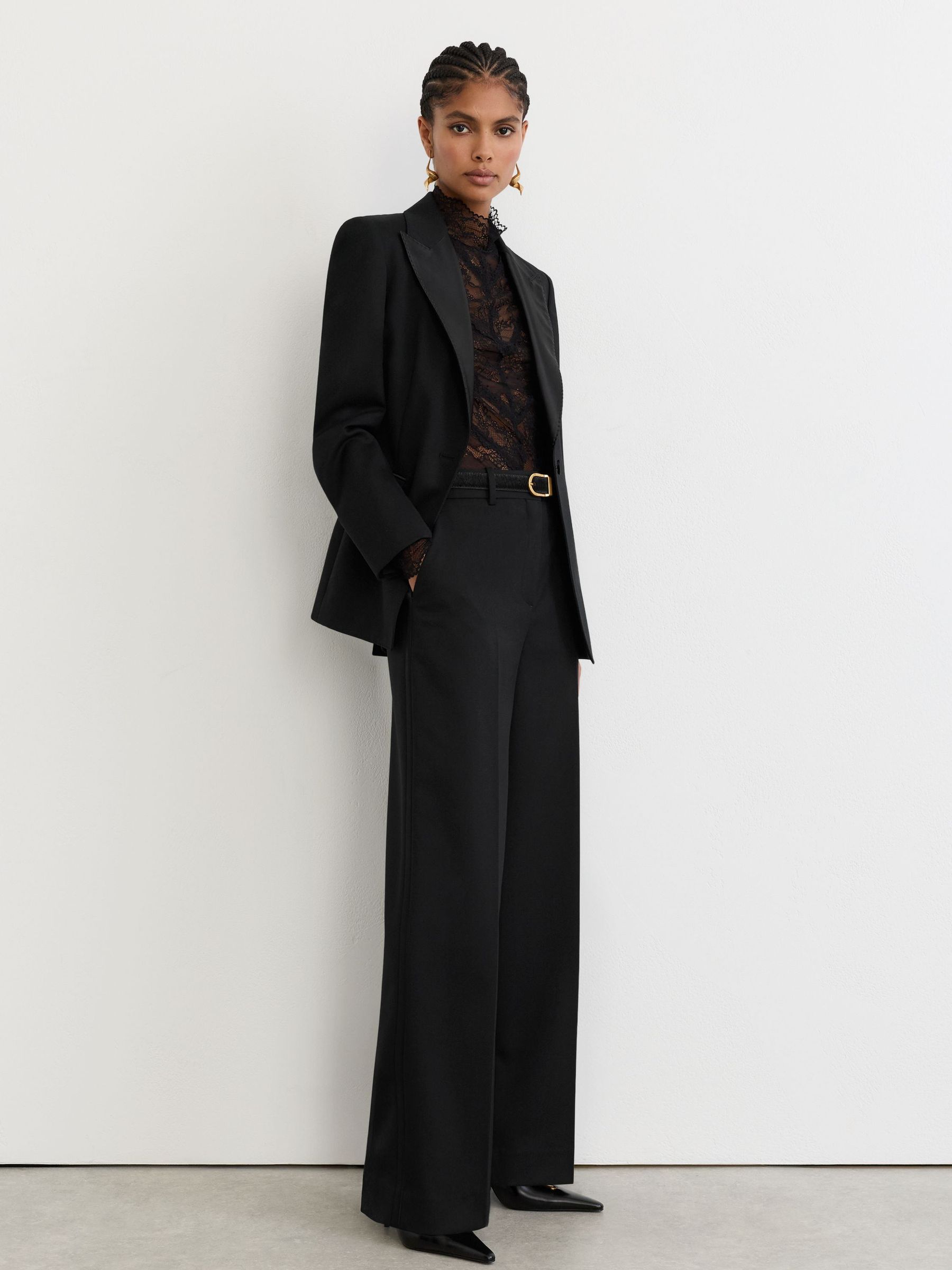 Wool-Blend Wide-Leg Tuxedo Trousers in Black - Image 1 of 7 Wool-Blend Wide-Leg Tuxedo Trousers in Black - Image 1 of 7