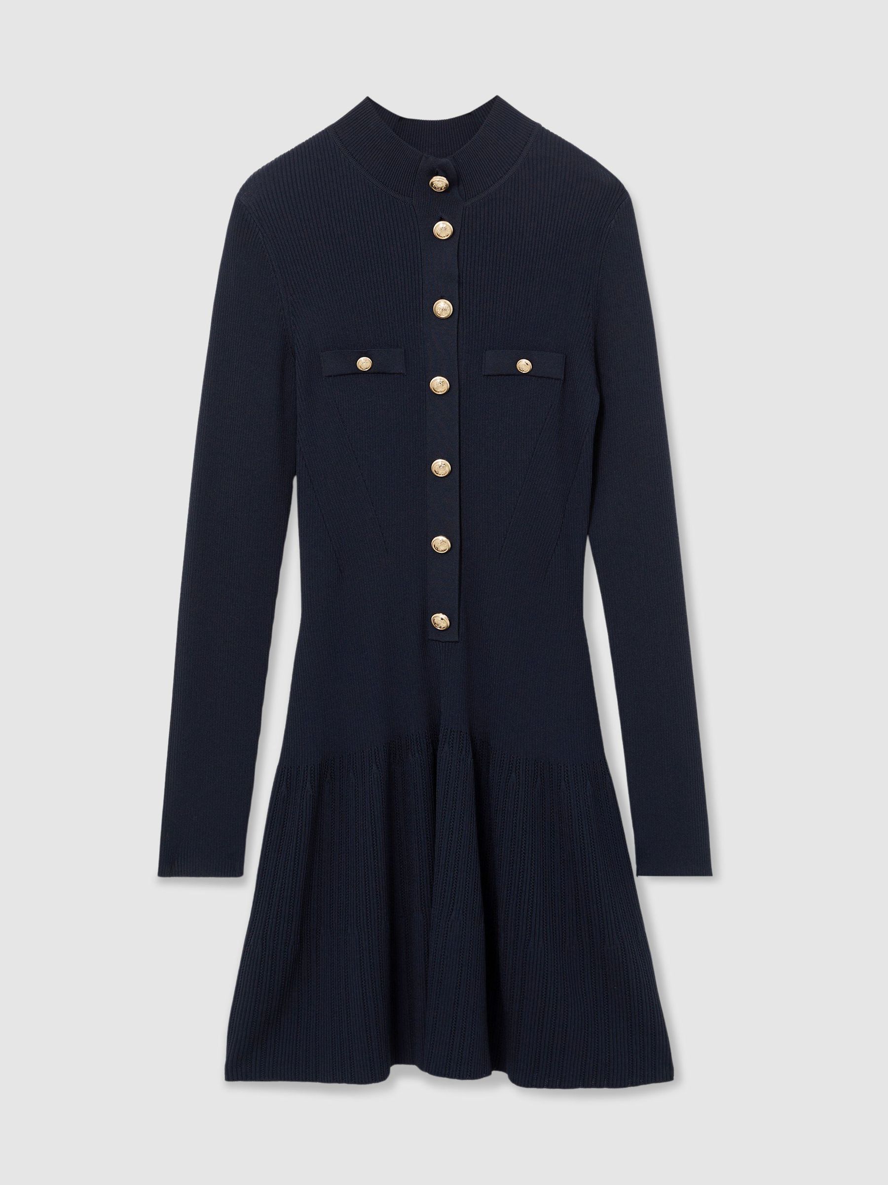Rib-Knit Half-Button Mini Dress in Navy - Image 2 of 6