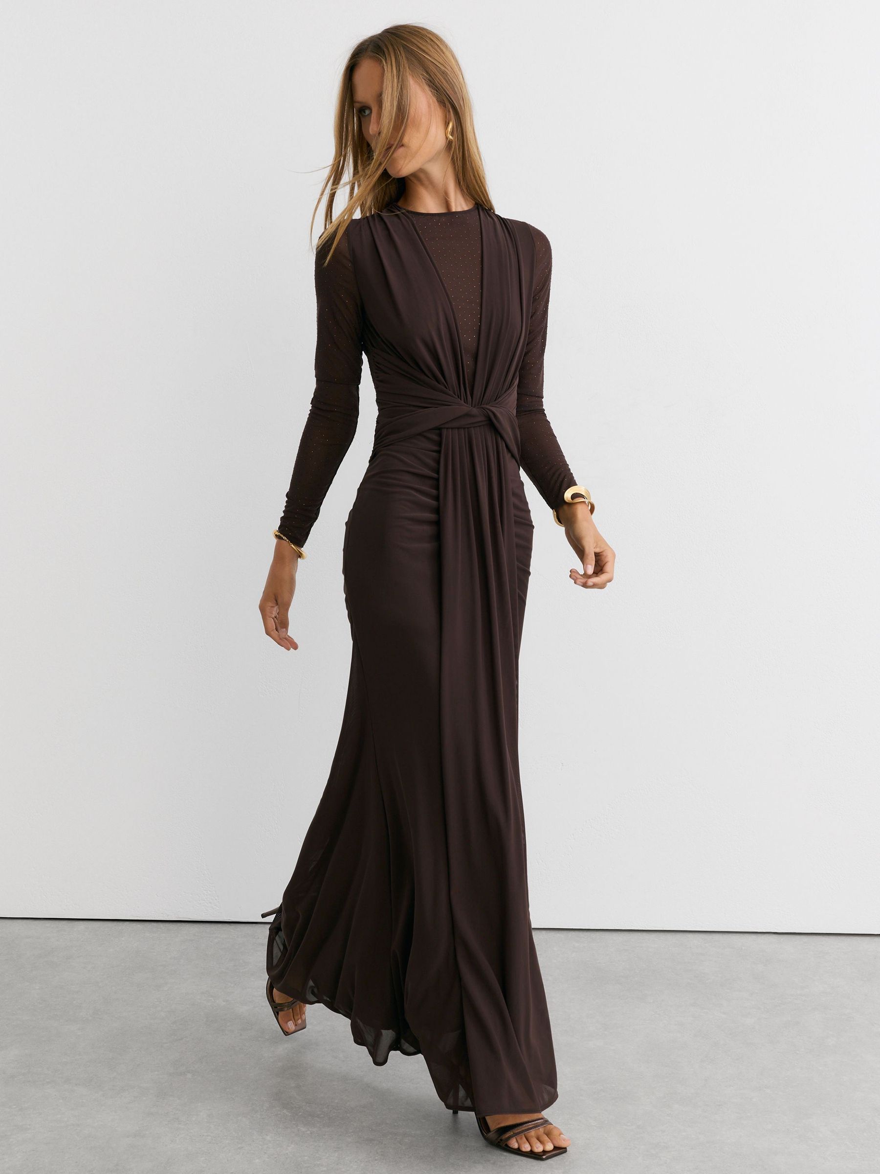 Crystal-Detail Mesh Draped Maxi Dress in Chocolate Brown - Image 1 of 8