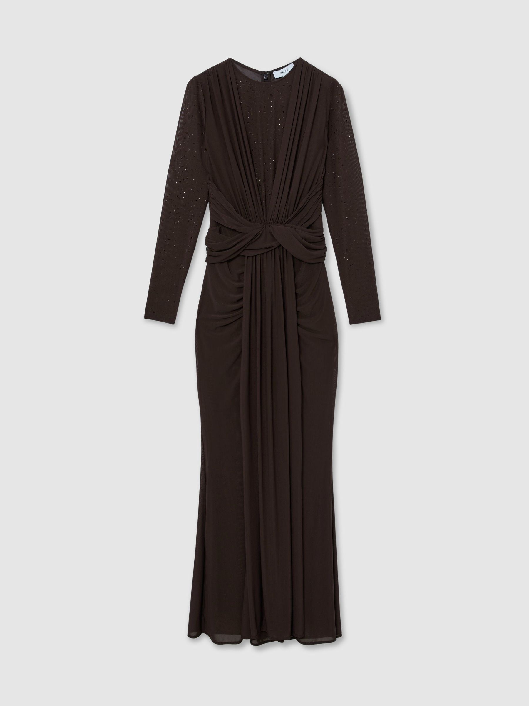 Crystal-Detail Mesh Draped Maxi Dress in Chocolate Brown - Image 2 of 8