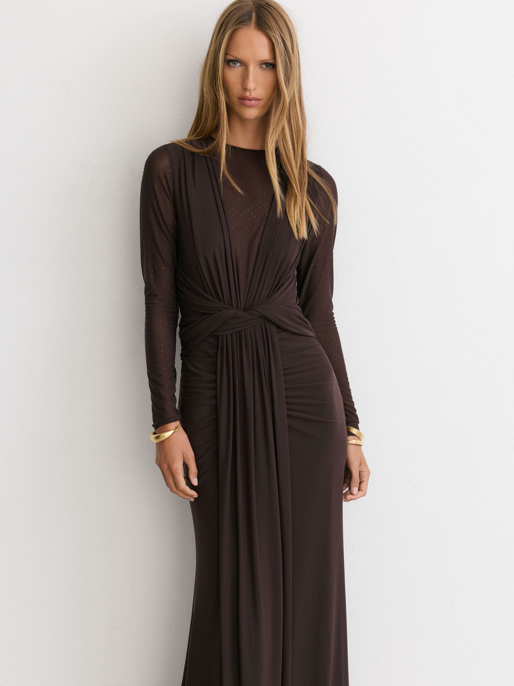Crystal-Detail Mesh Draped Maxi Dress in Chocolate Brown - Image 3 of 8