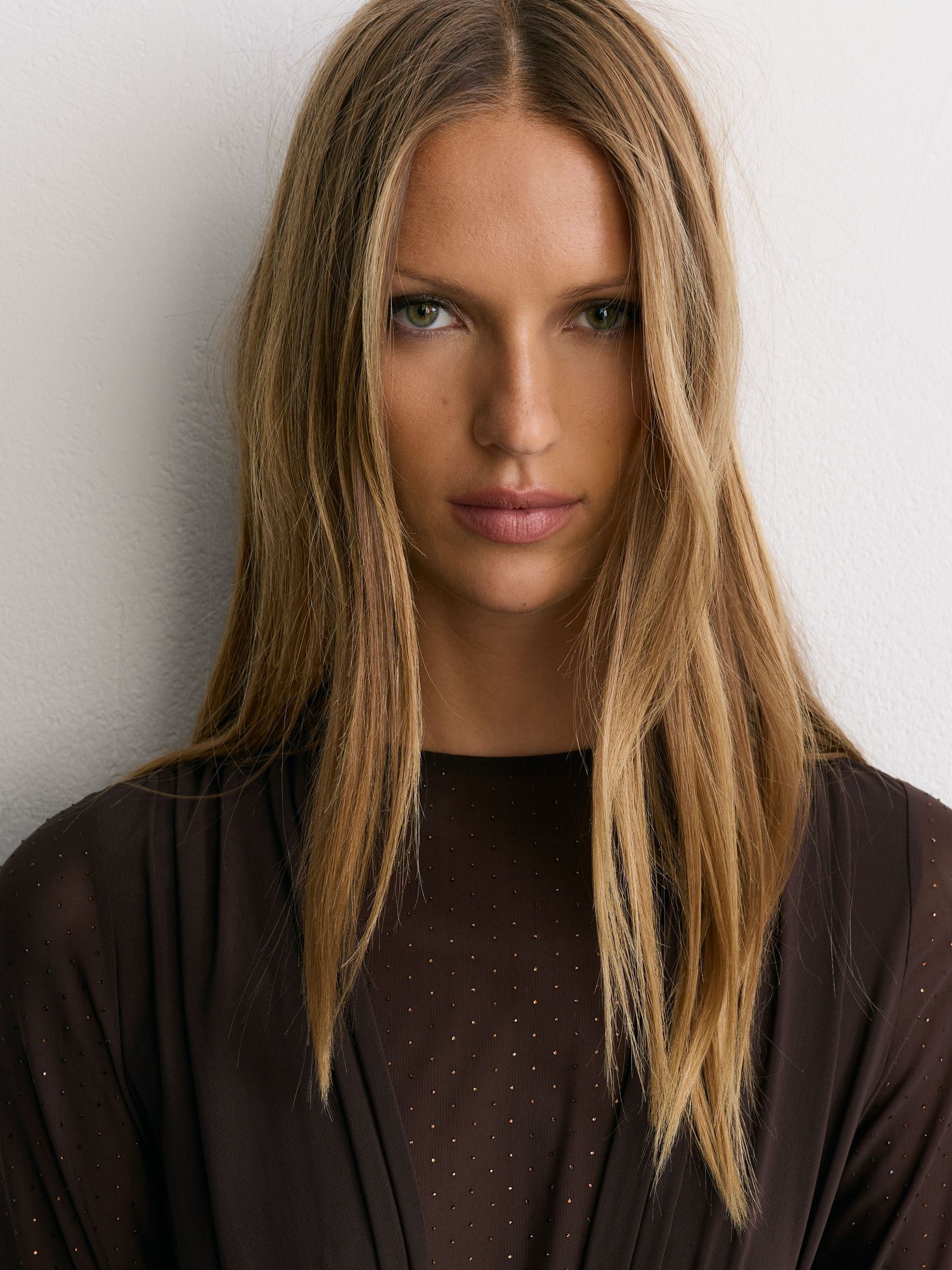 Crystal-Detail Mesh Draped Maxi Dress in Chocolate Brown - Image 4 of 8