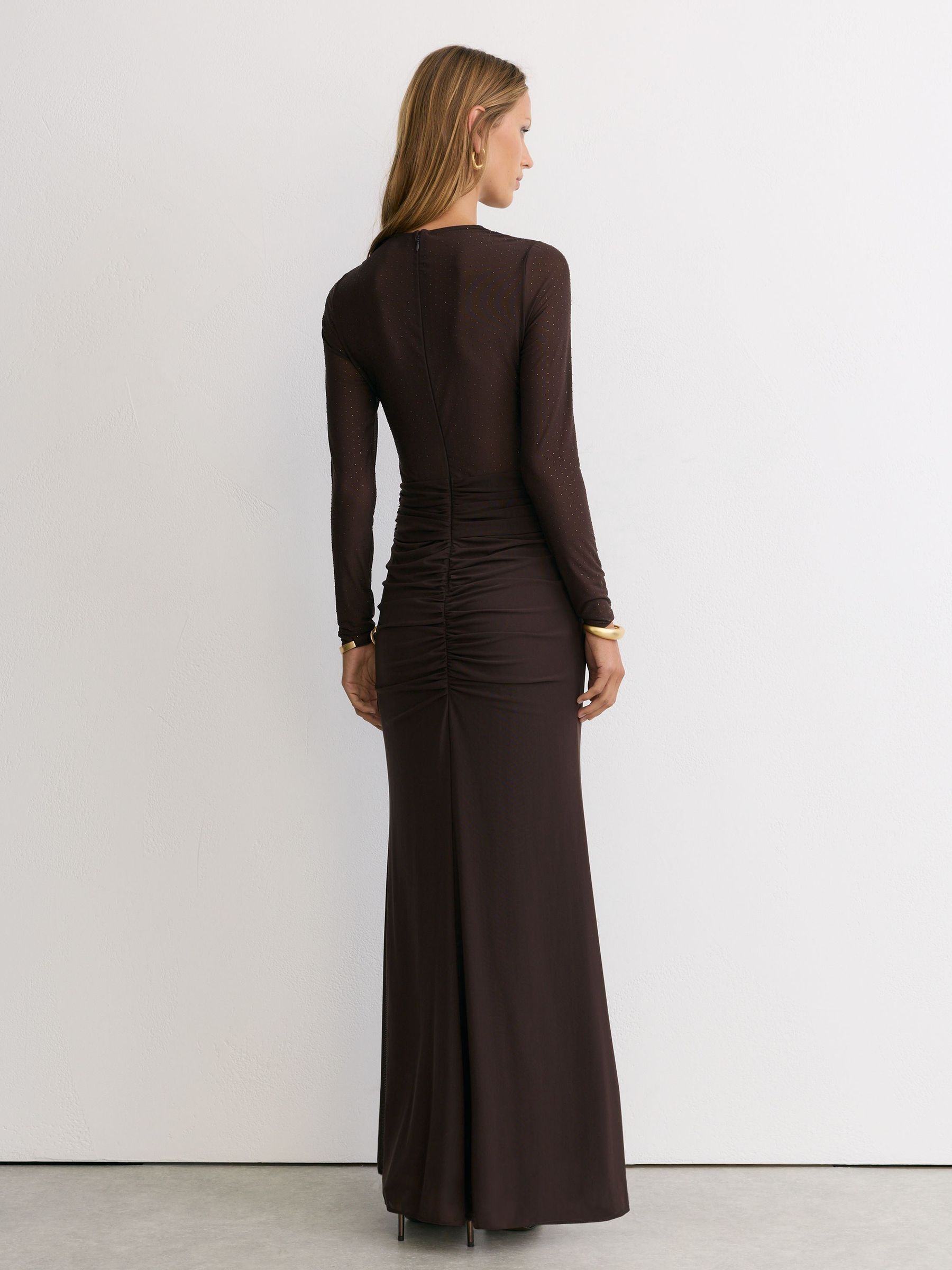 Crystal-Detail Mesh Draped Maxi Dress in Chocolate Brown - Image 5 of 8