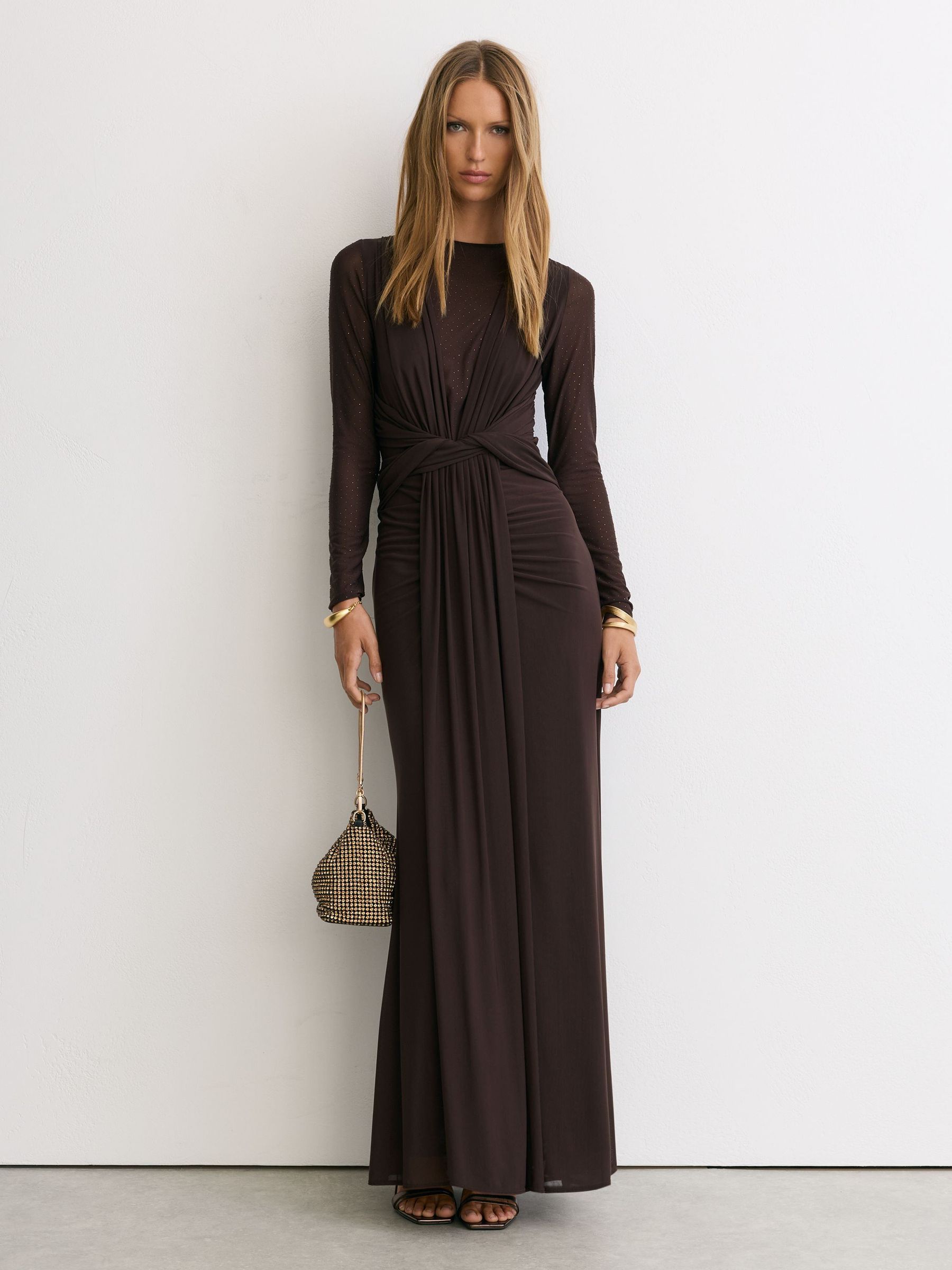 Crystal-Detail Mesh Draped Maxi Dress in Chocolate Brown - Image 6 of 8