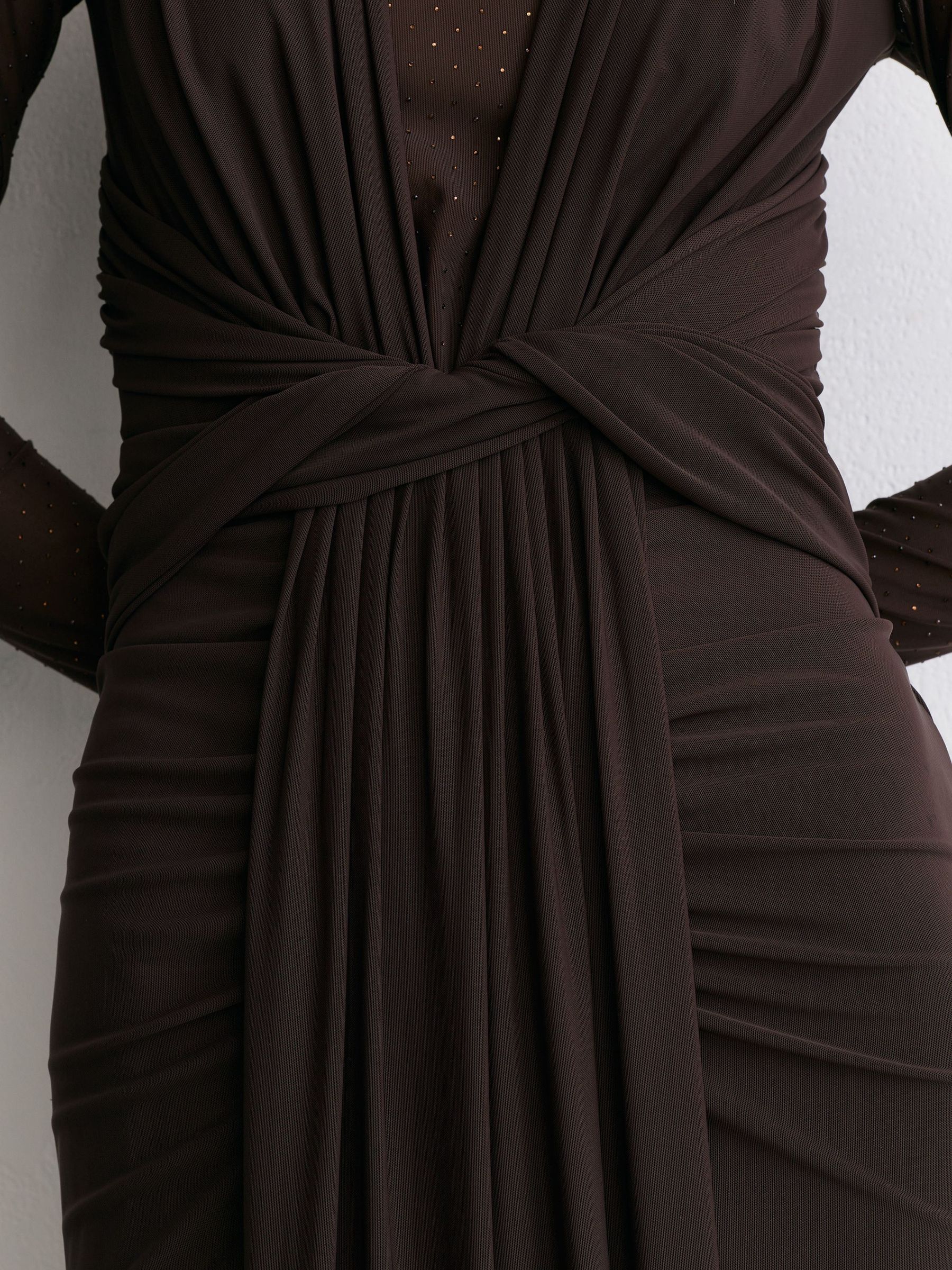 Crystal-Detail Mesh Draped Maxi Dress in Chocolate Brown - Image 7 of 8