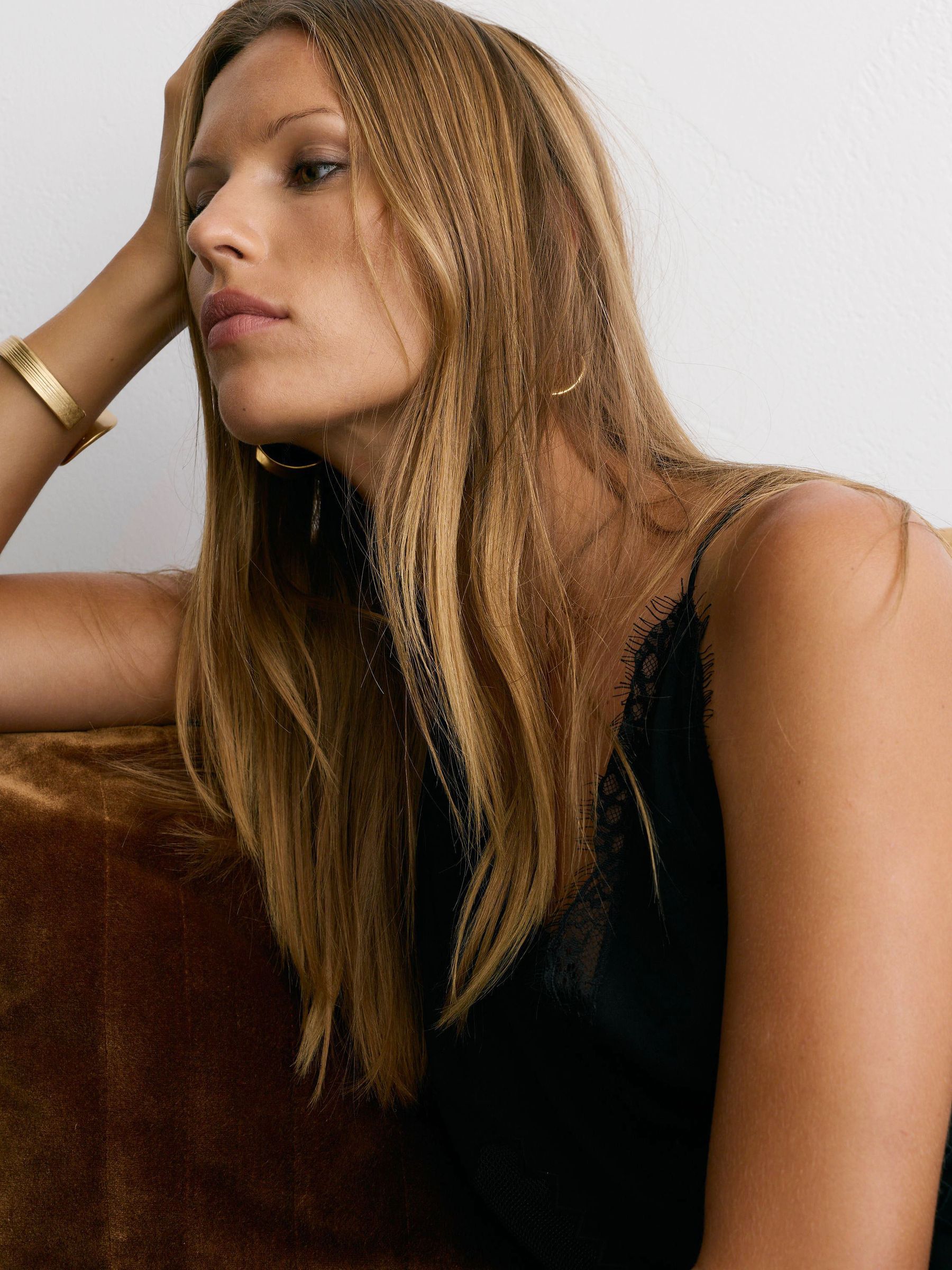 Lace-Trim Mesh-Detail Maxi Slip Dress in Black - Image 7 of 9