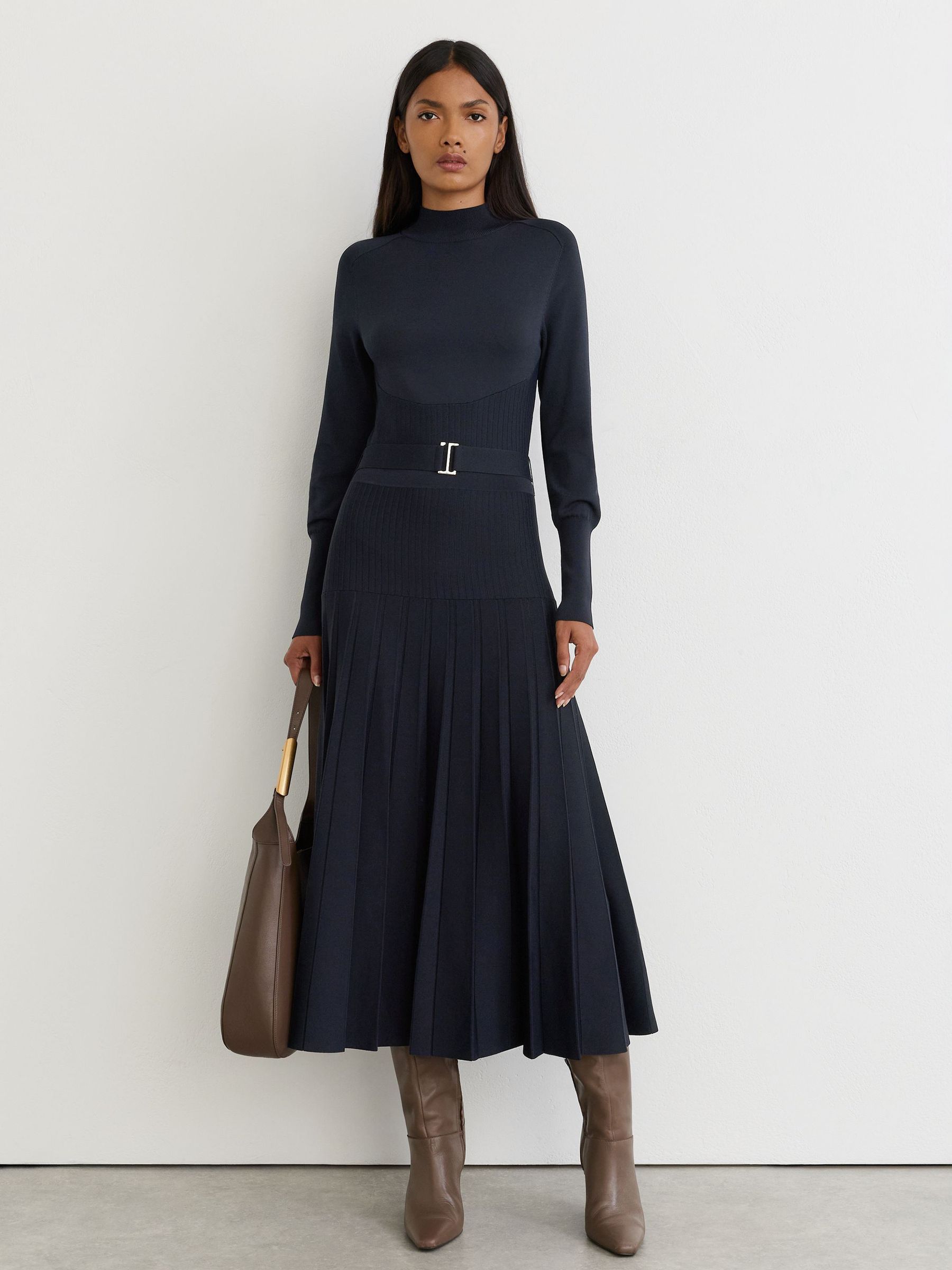 Belted Pleated Knit Midi Dress in Navy - Image 1 of 7