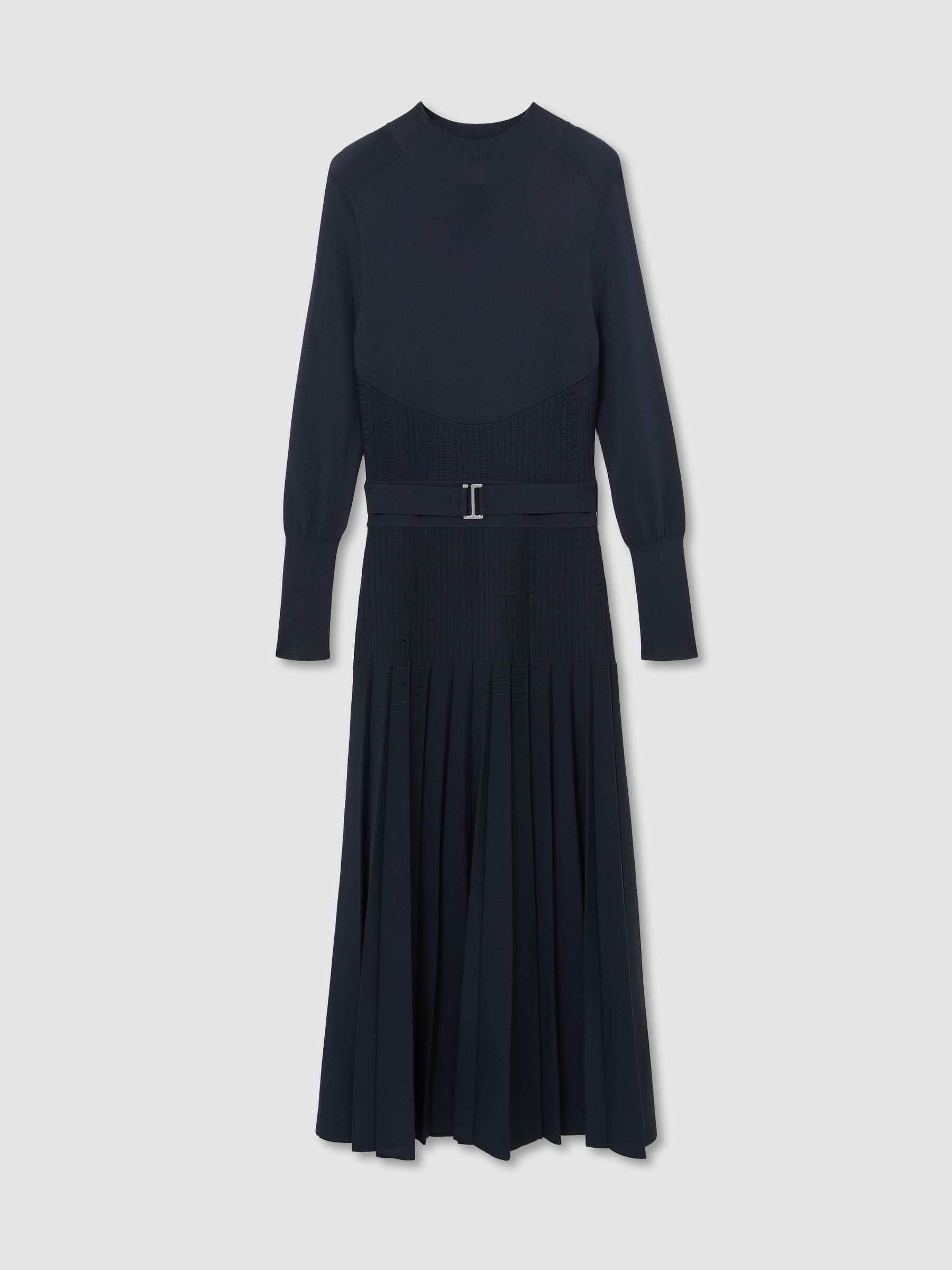 Belted Pleated Knit Midi Dress in Navy - Image 2 of 7