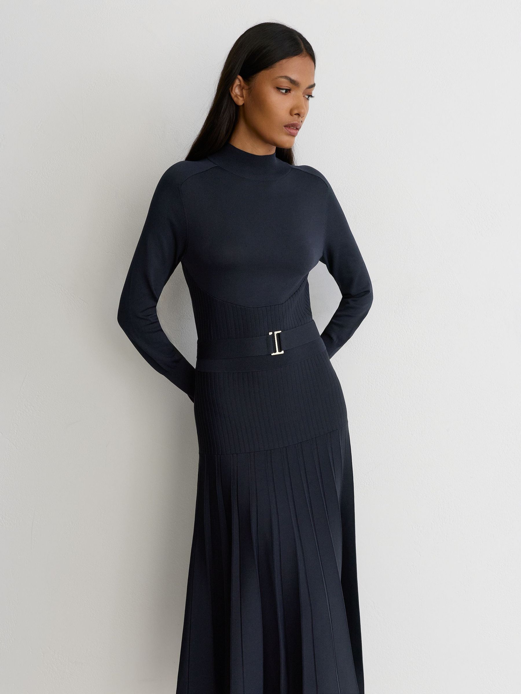 Belted Pleated Knit Midi Dress in Navy - Image 3 of 7