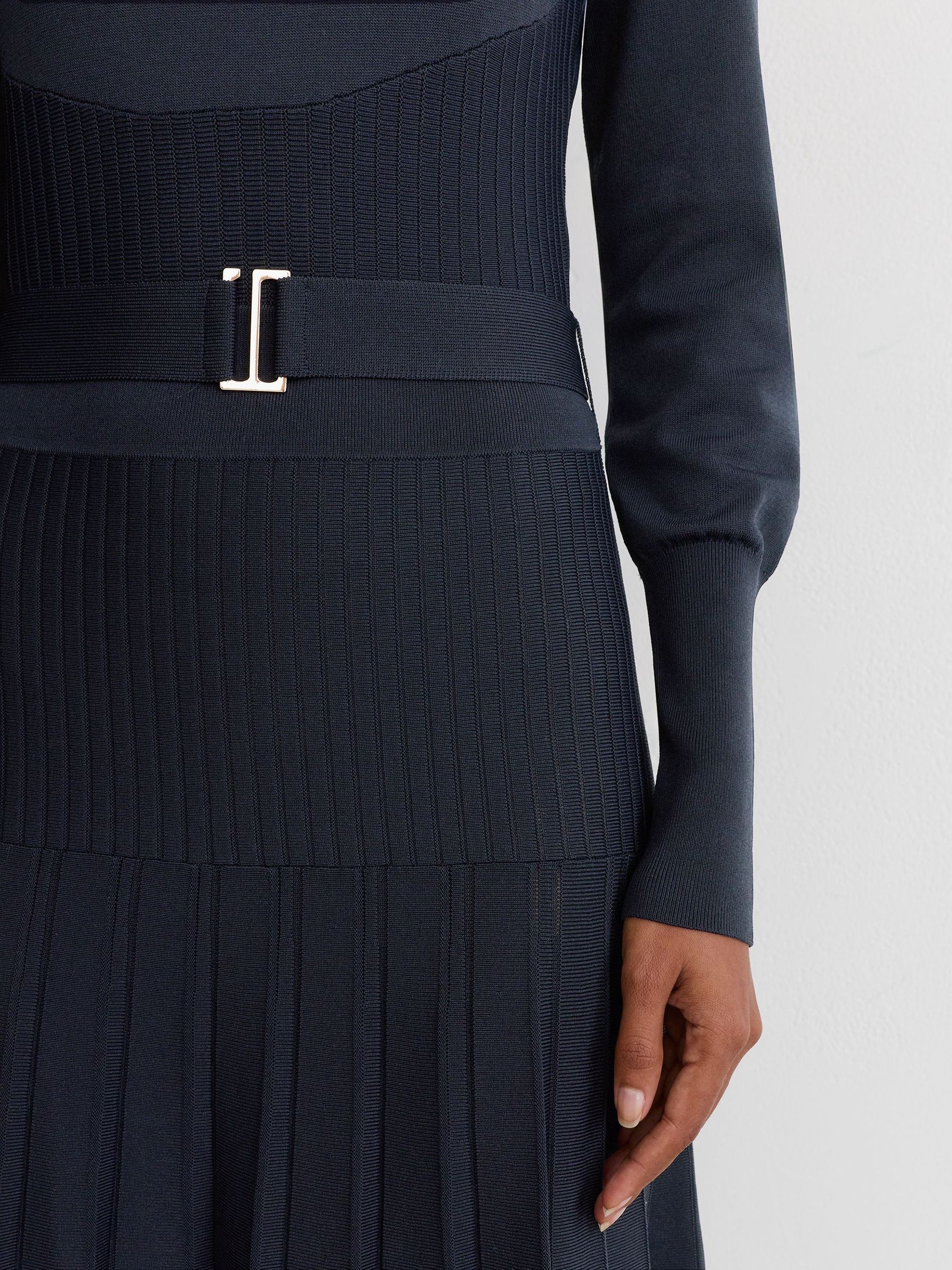 Belted Pleated Knit Midi Dress in Navy - Image 5 of 7