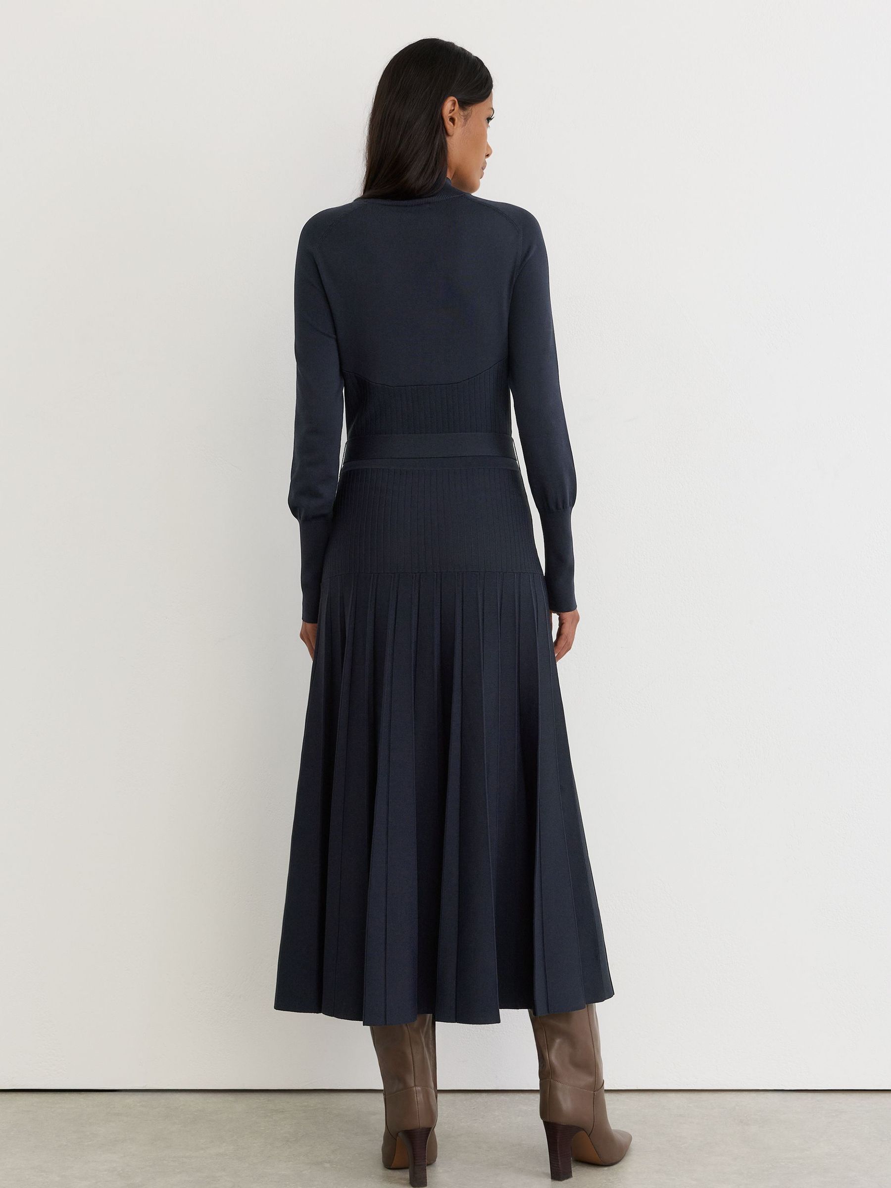 Belted Pleated Knit Midi Dress in Navy - Image 6 of 7