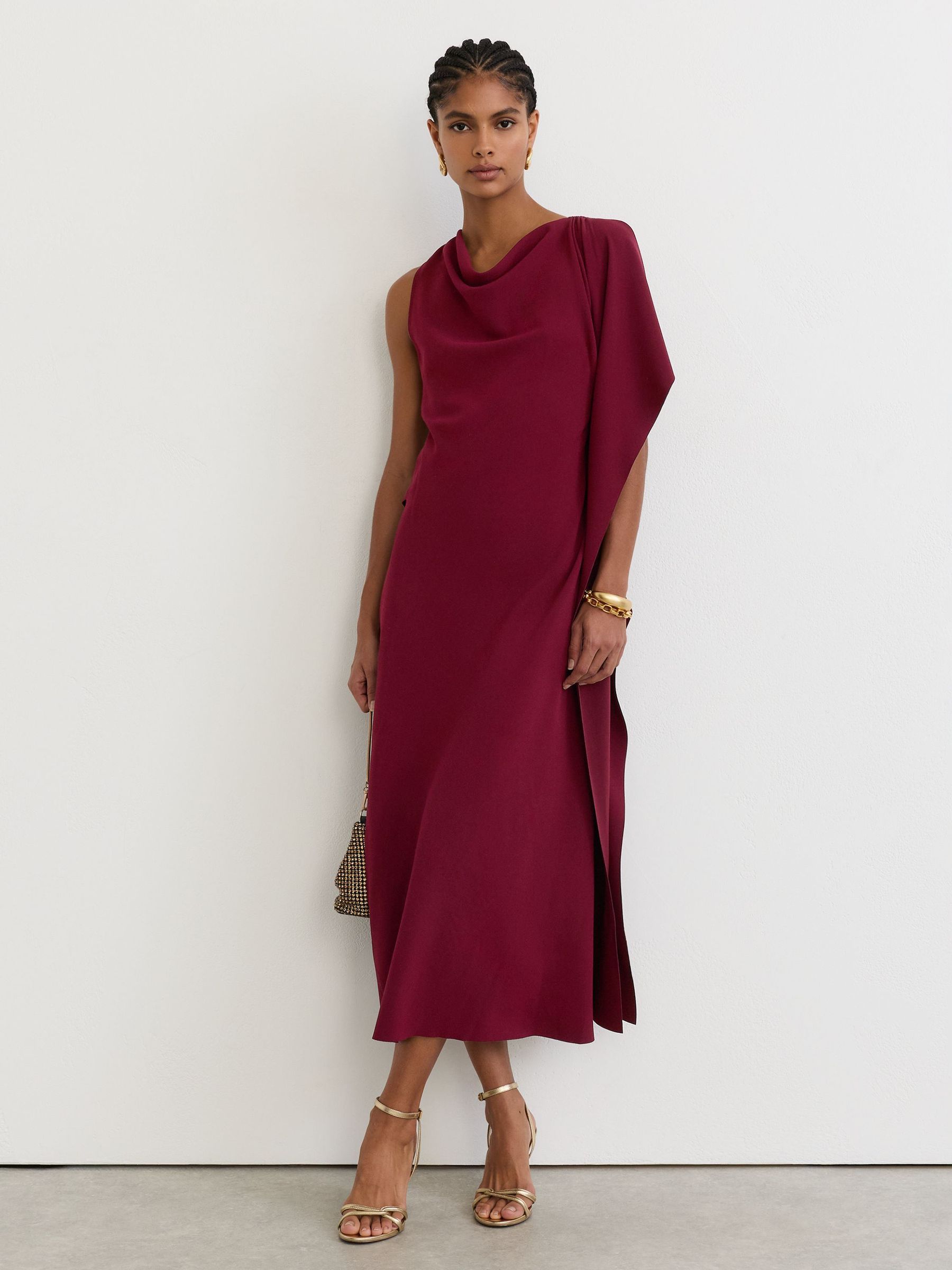 Drape-Detail Cowl-Neck Midi Dress in Red - Image 1 of 7 Drape-Detail Cowl-Neck Midi Dress in Red - Image 1 of 7