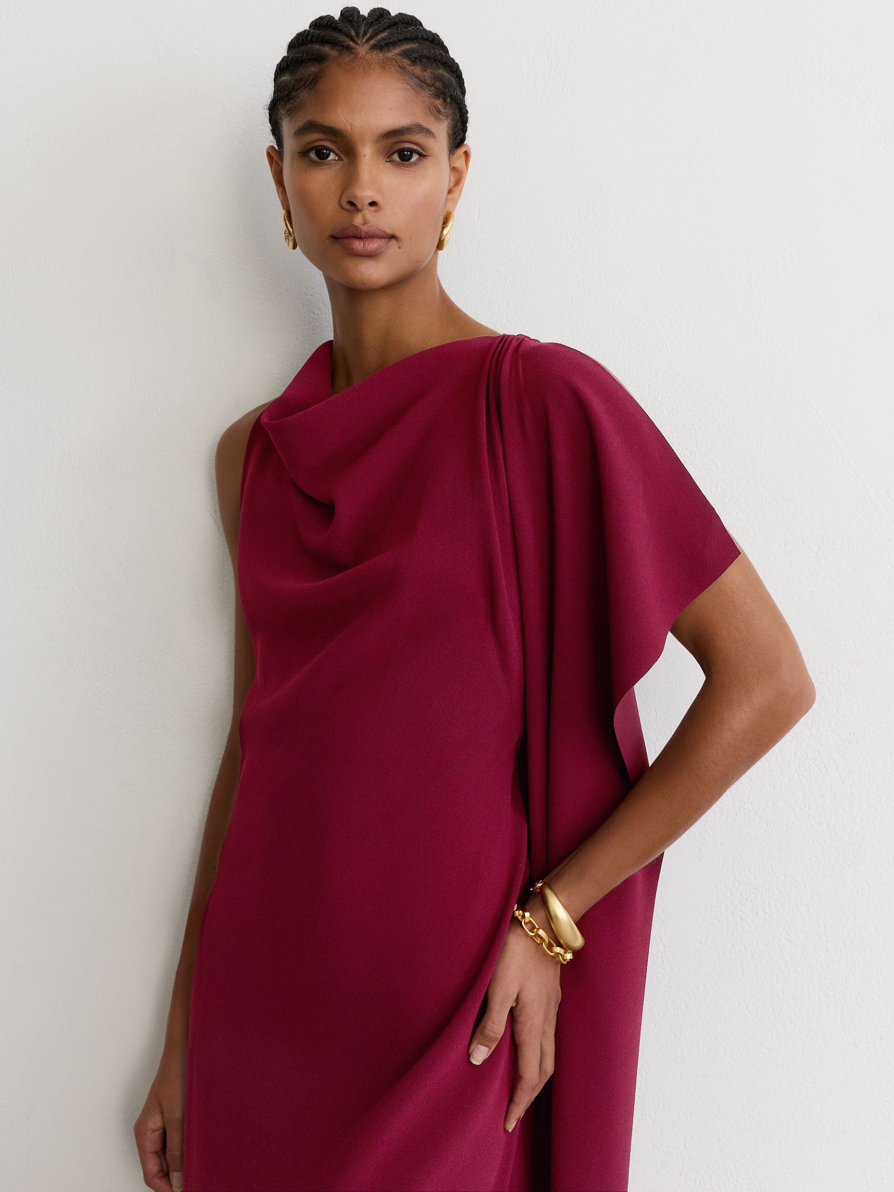 Drape-Detail Cowl-Neck Midi Dress in Red - Image 3 of 7