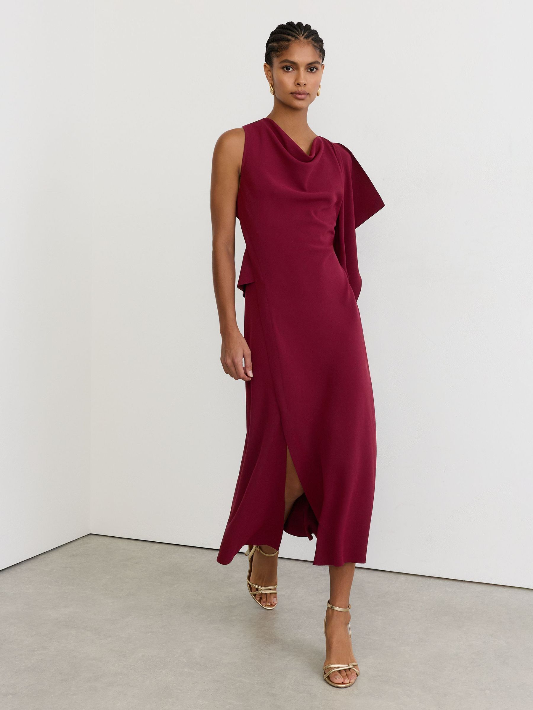 Drape-Detail Cowl-Neck Midi Dress in Red - Image 4 of 7